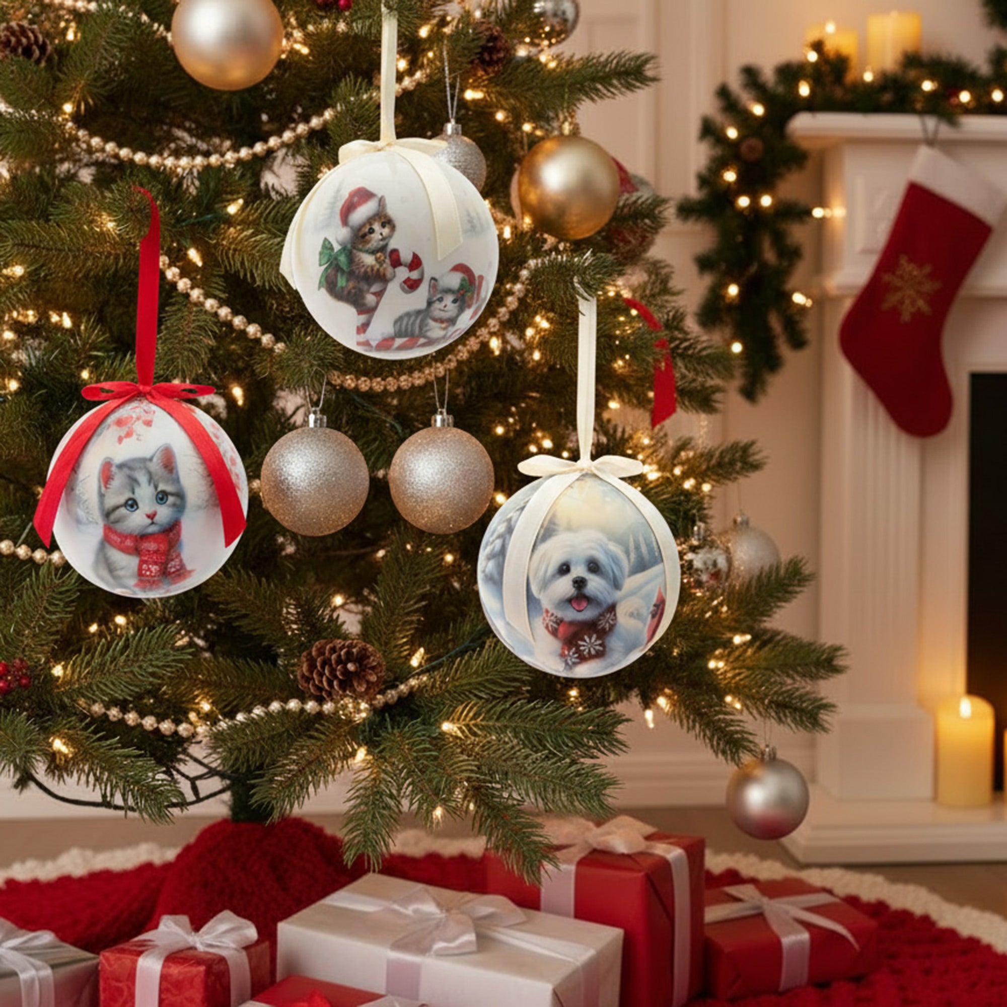 Ribbon Ornament Cat & Dog Assorted, Ornament, Holiday Decor- Set of 12