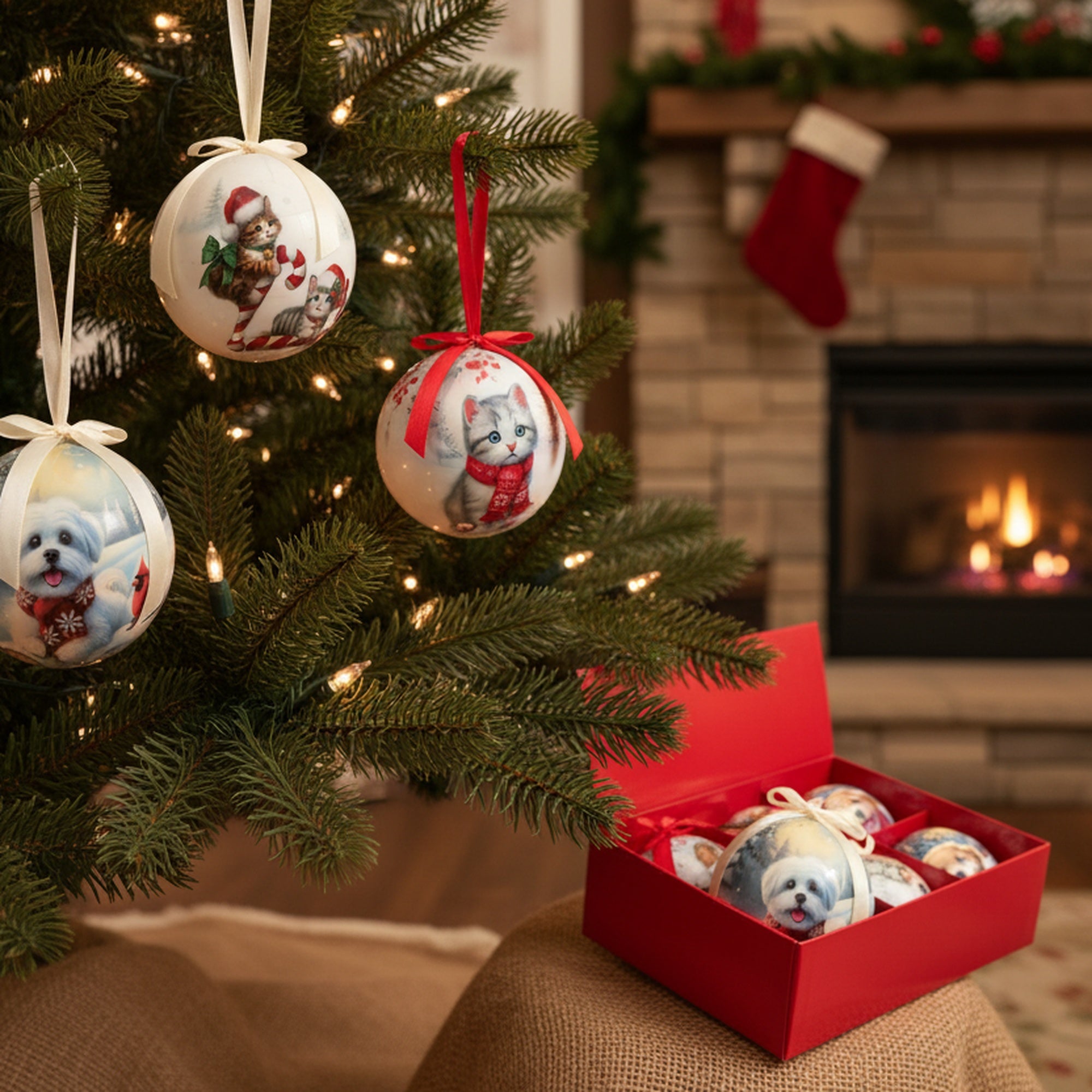 Ribbon Ornament Cat & Dog Assorted, Ornament, Holiday Decor- Set of 12