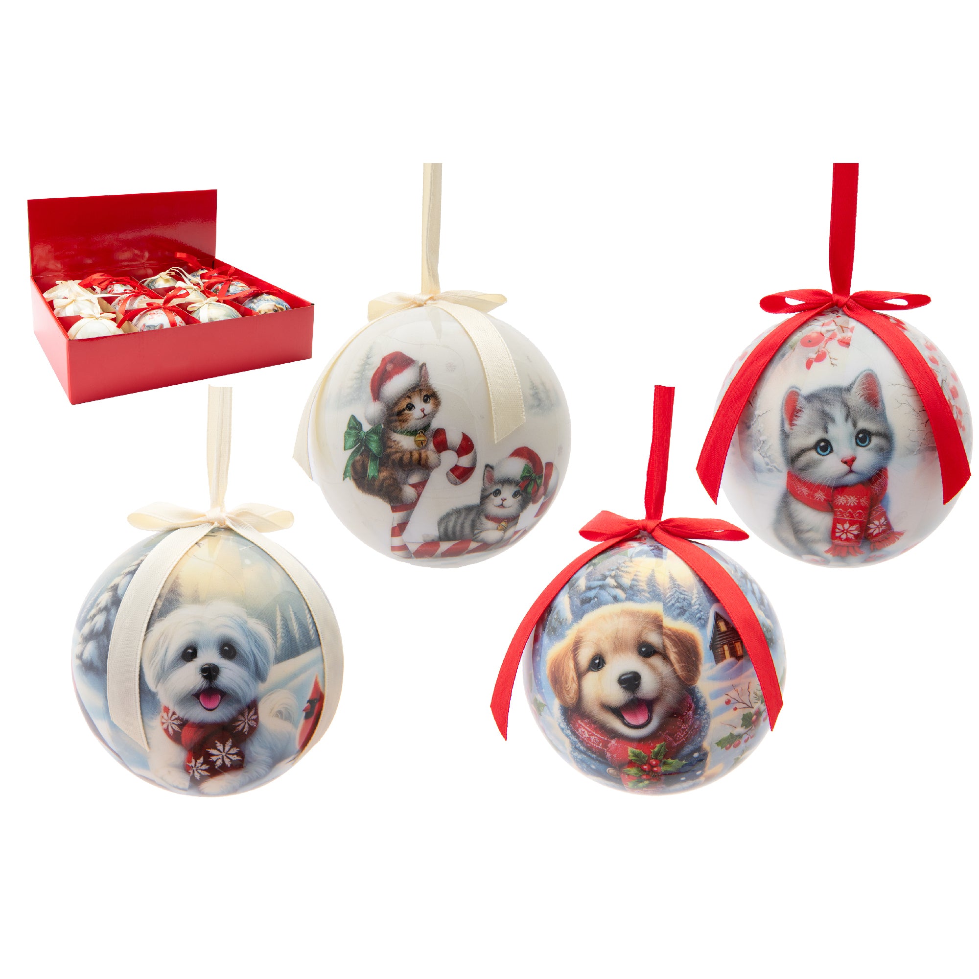 Ribbon Ornament Cat & Dog Assorted, Ornament, Holiday Decor- Set of 12