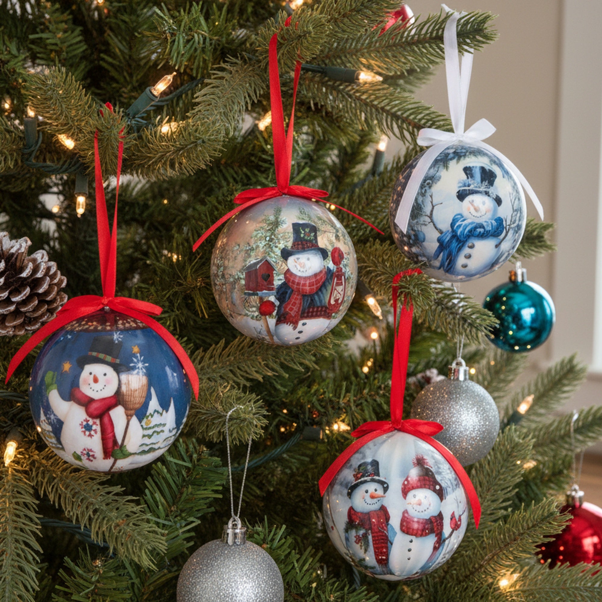 Ribbon Ornament Snowman Assorted, Christmas, Ornament, Holiday Decor- Set of 12