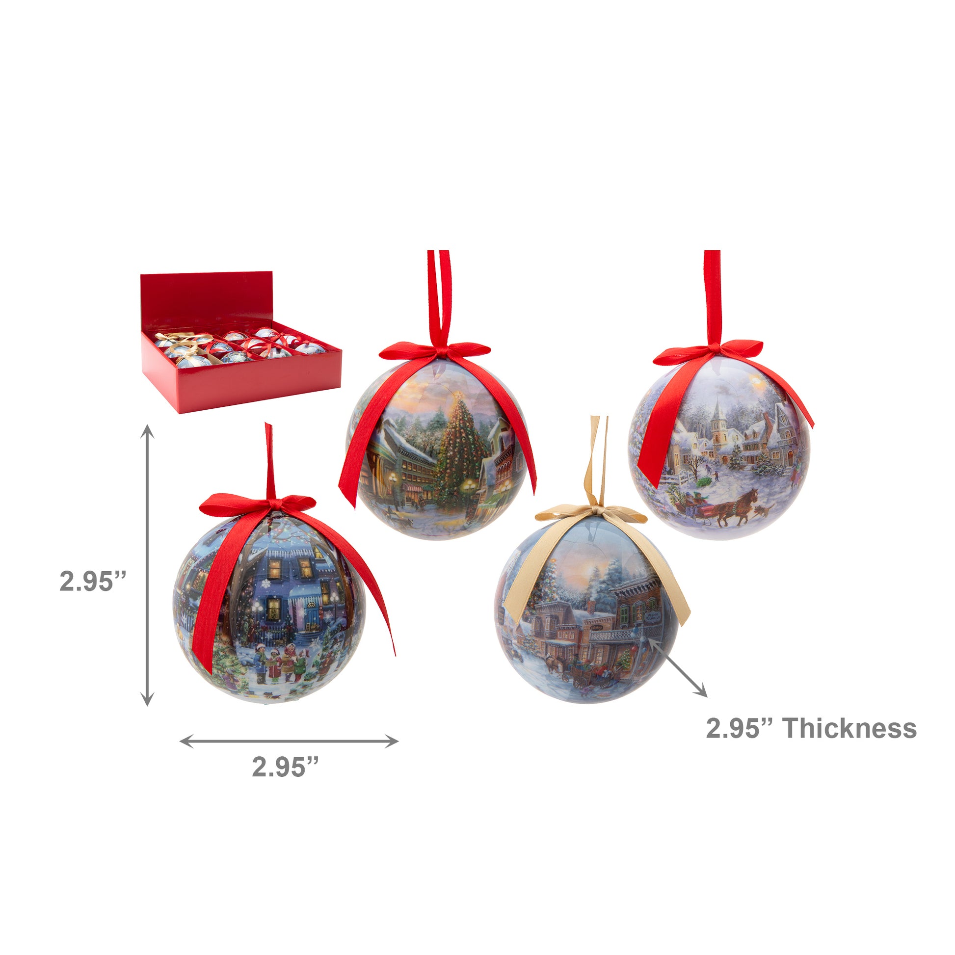 Ribbon Ornament Village Scene Assorted, Ornament, Holiday Decor- Set of 12