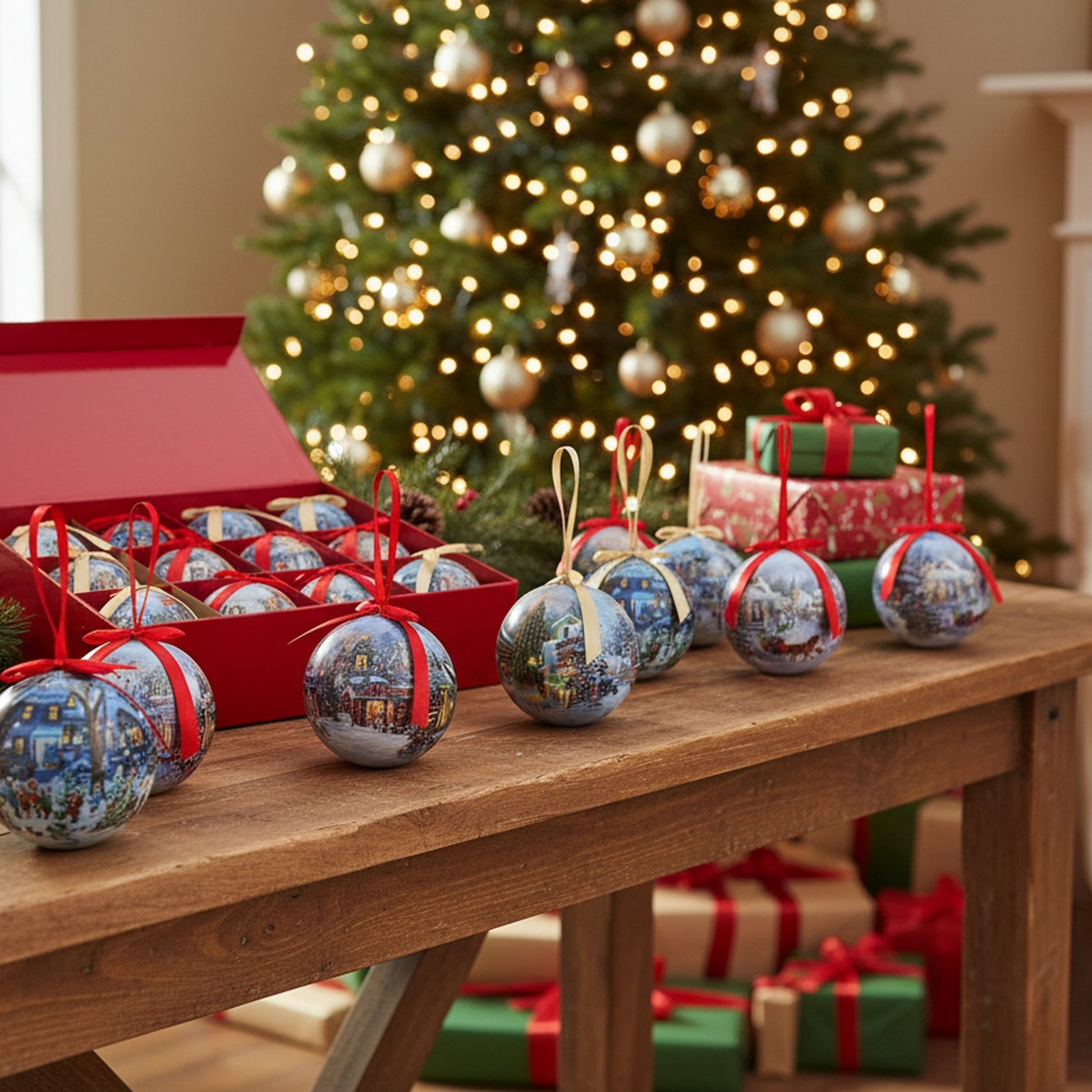 Ribbon Ornament Village Scene Assorted, Ornament, Holiday Decor- Set of 12