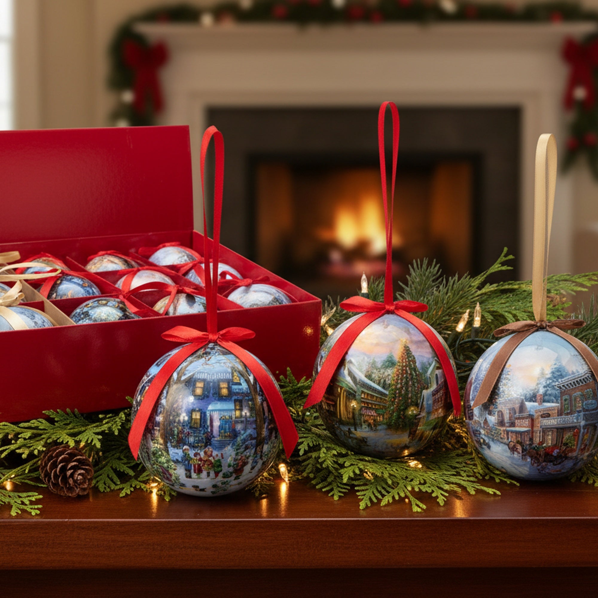 Ribbon Ornament Village Scene Assorted, Ornament, Holiday Decor- Set of 12