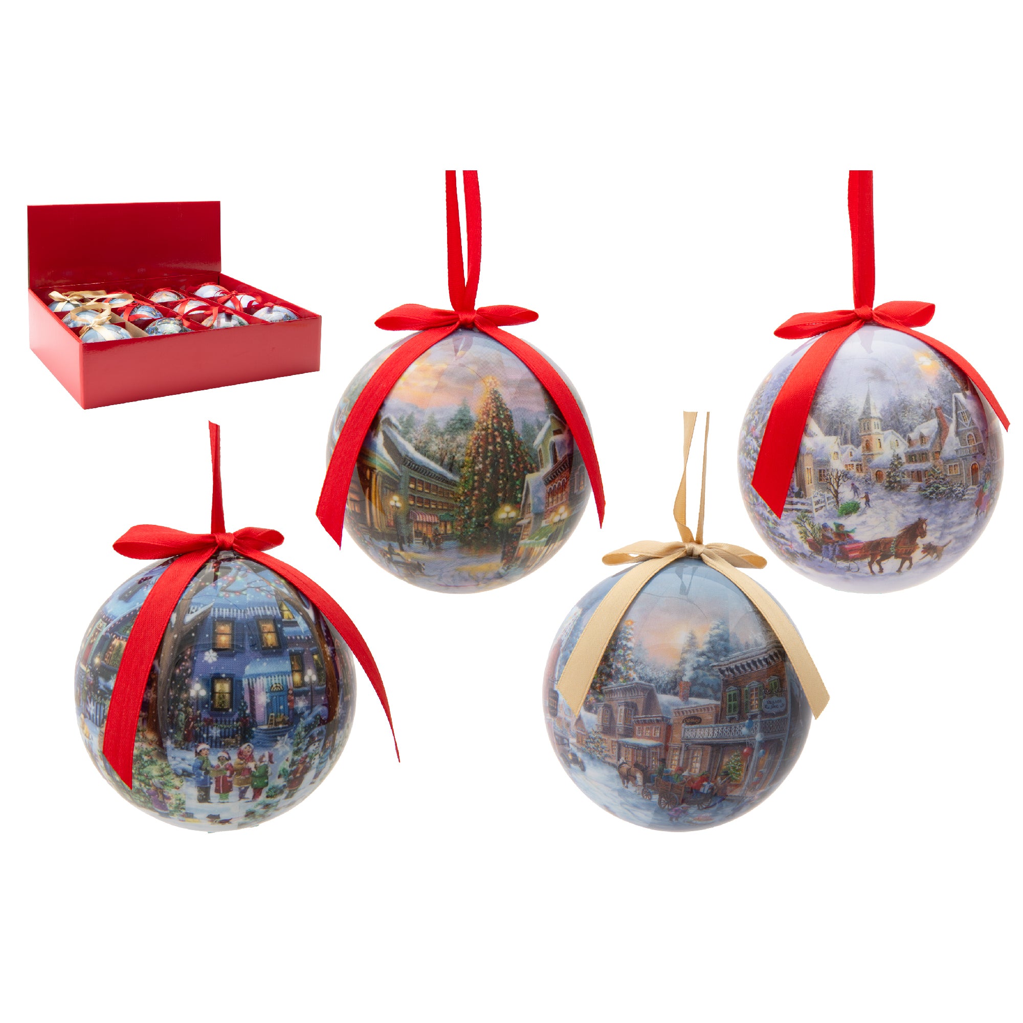 Ribbon Ornament Village Scene Assorted, Ornament, Holiday Decor- Set of 12