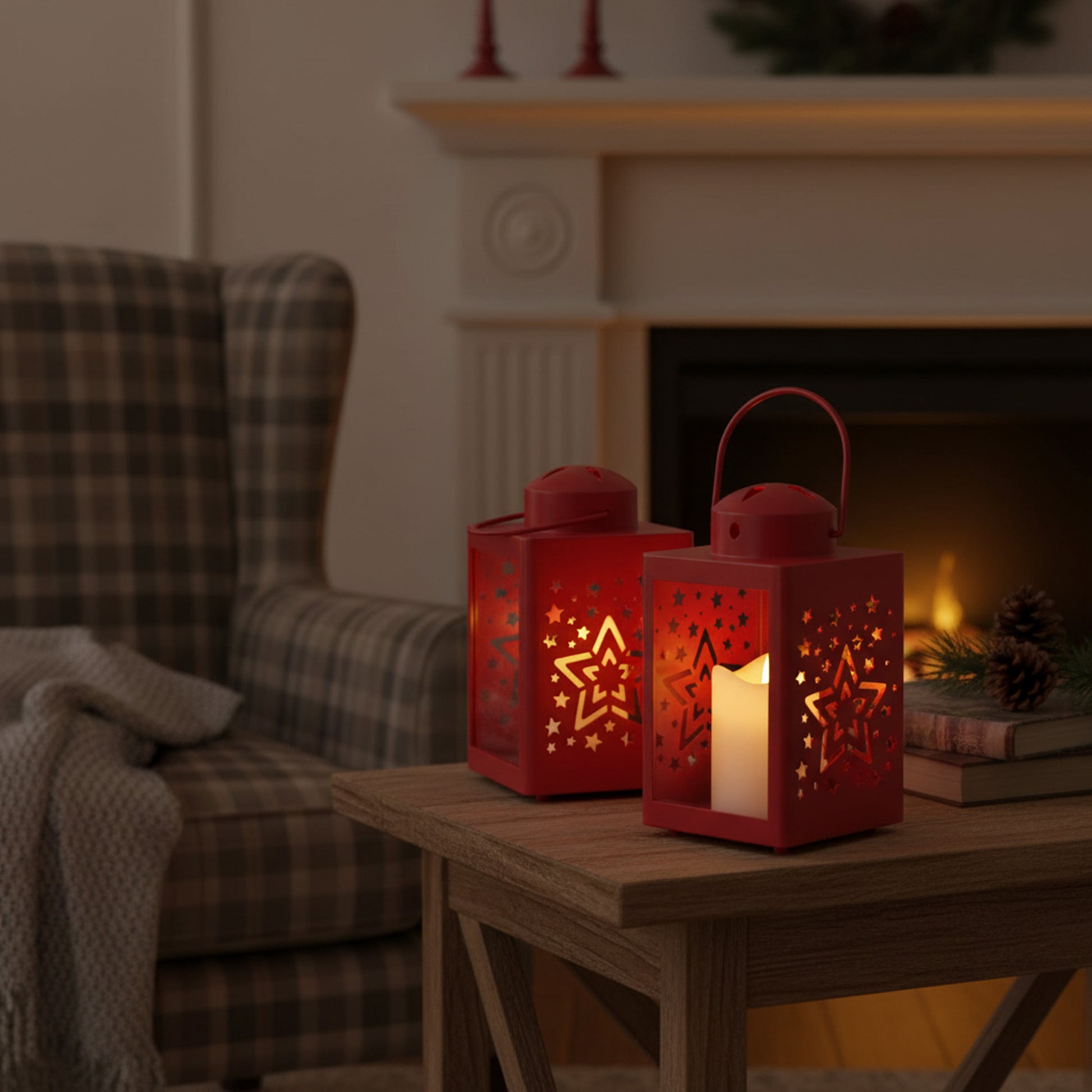 LED Plastic Lantern with Candle Red Star, Lantern, Holiday Decor- Set of 2