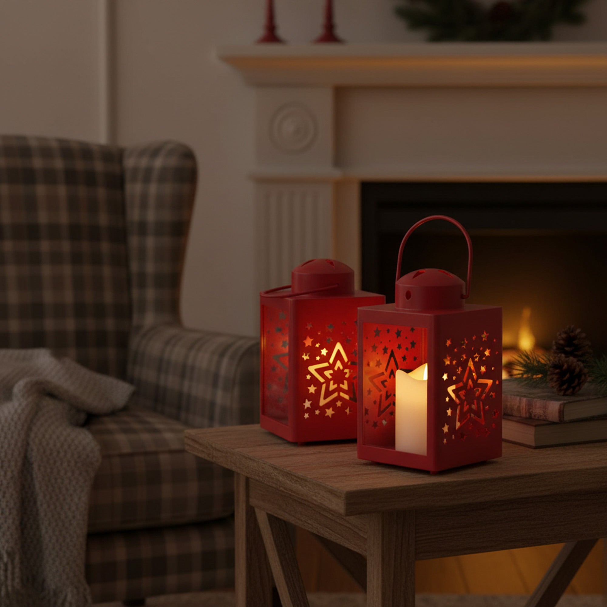 LED Plastic Lantern with Candle Red Star, Lantern, Holiday Decor- Set of 2