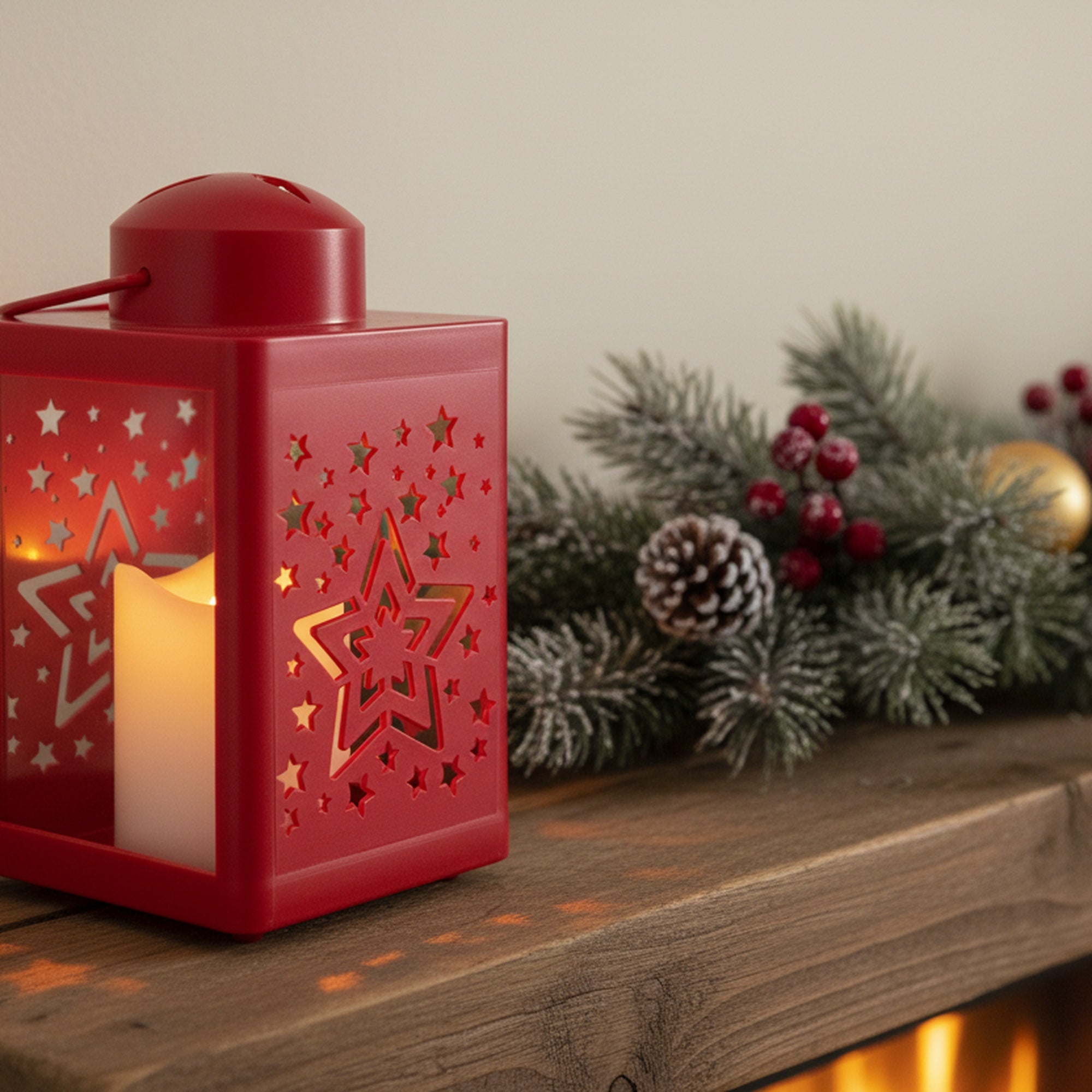 LED Plastic Lantern with Candle Red Star, Lantern, Holiday Decor- Set of 2