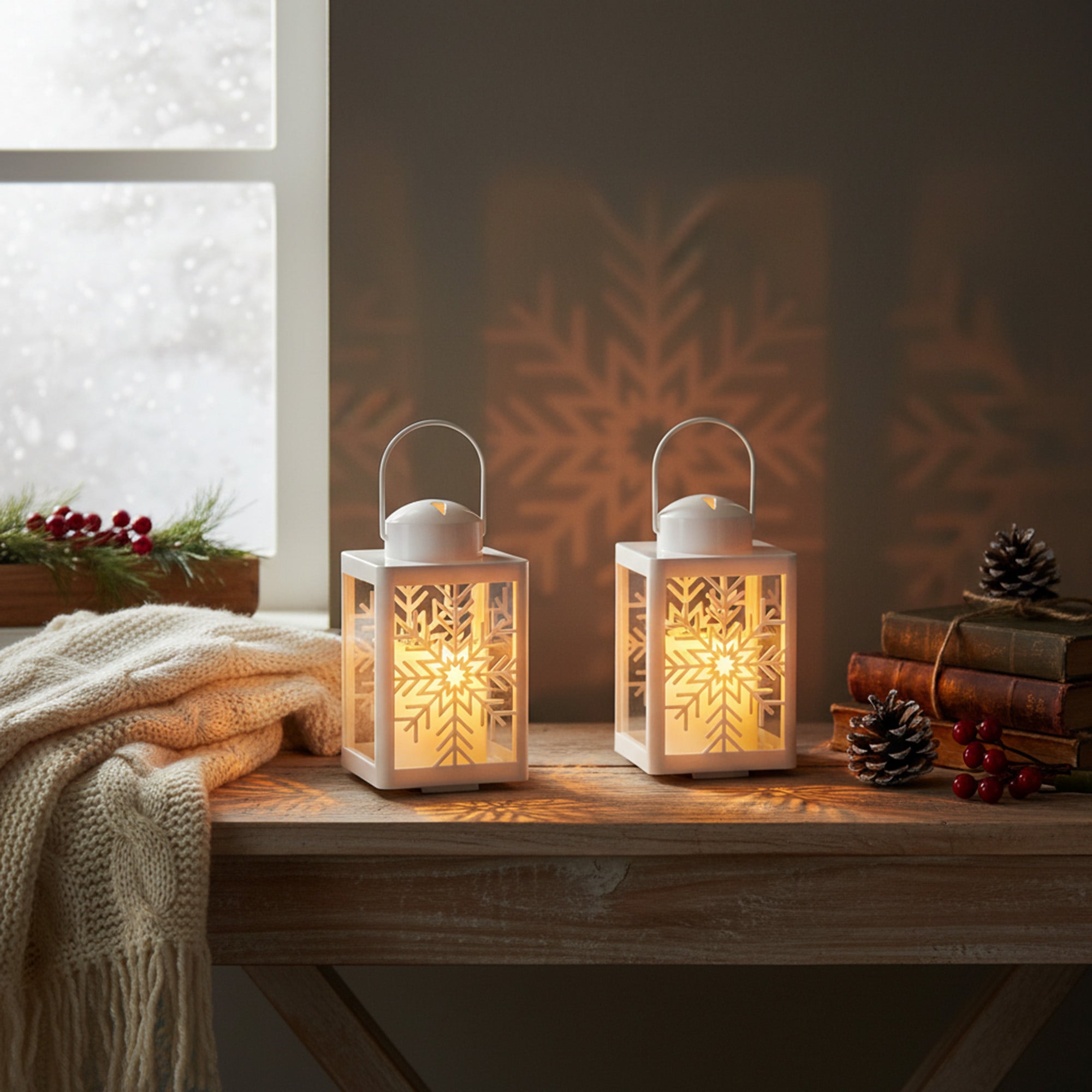 LED Plastic Lantern with Candle White Snowflake, Christmas, Lantern, Holiday Decor- Set of 2