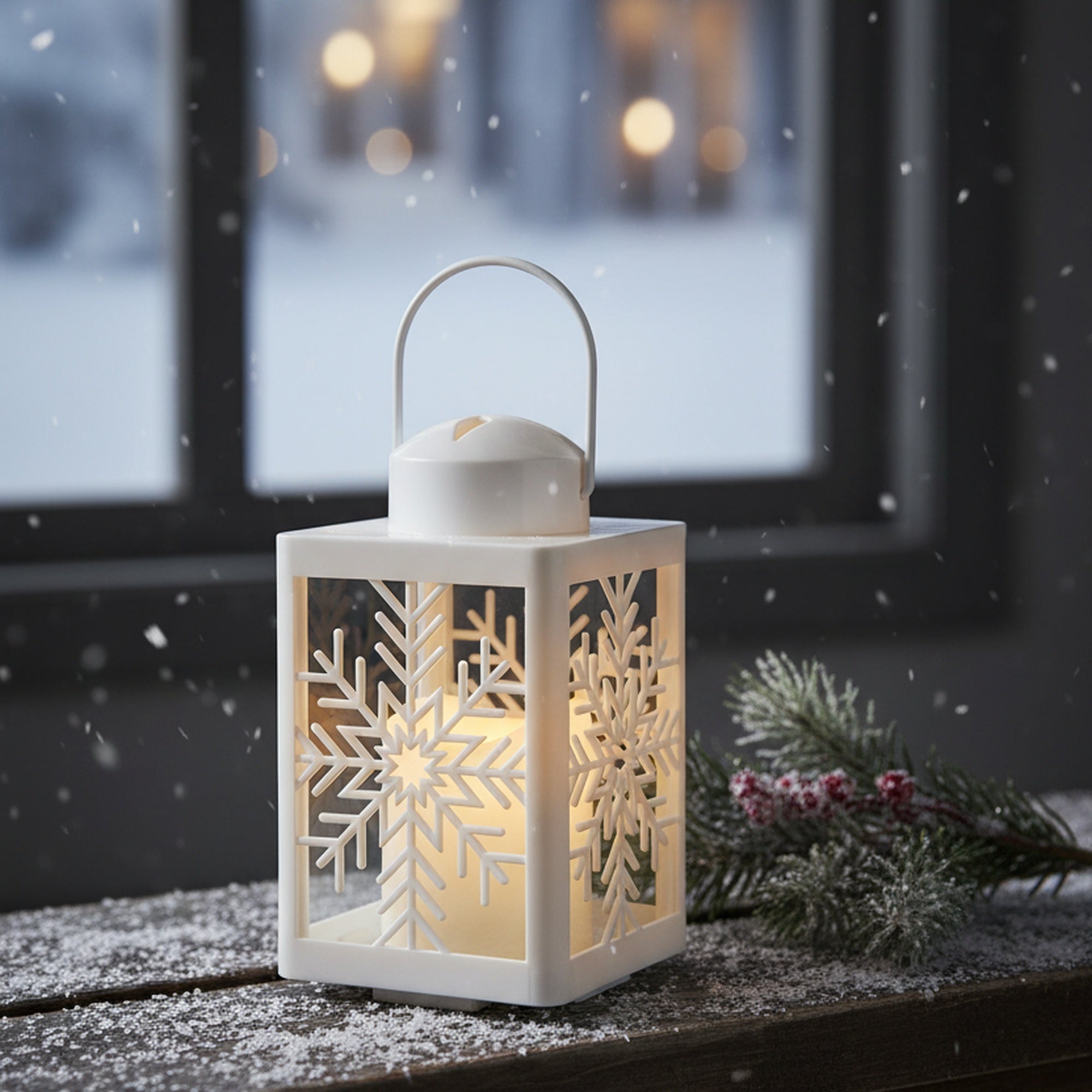 LED Plastic Lantern with Candle White Snowflake, Christmas, Lantern, Holiday Decor- Set of 2