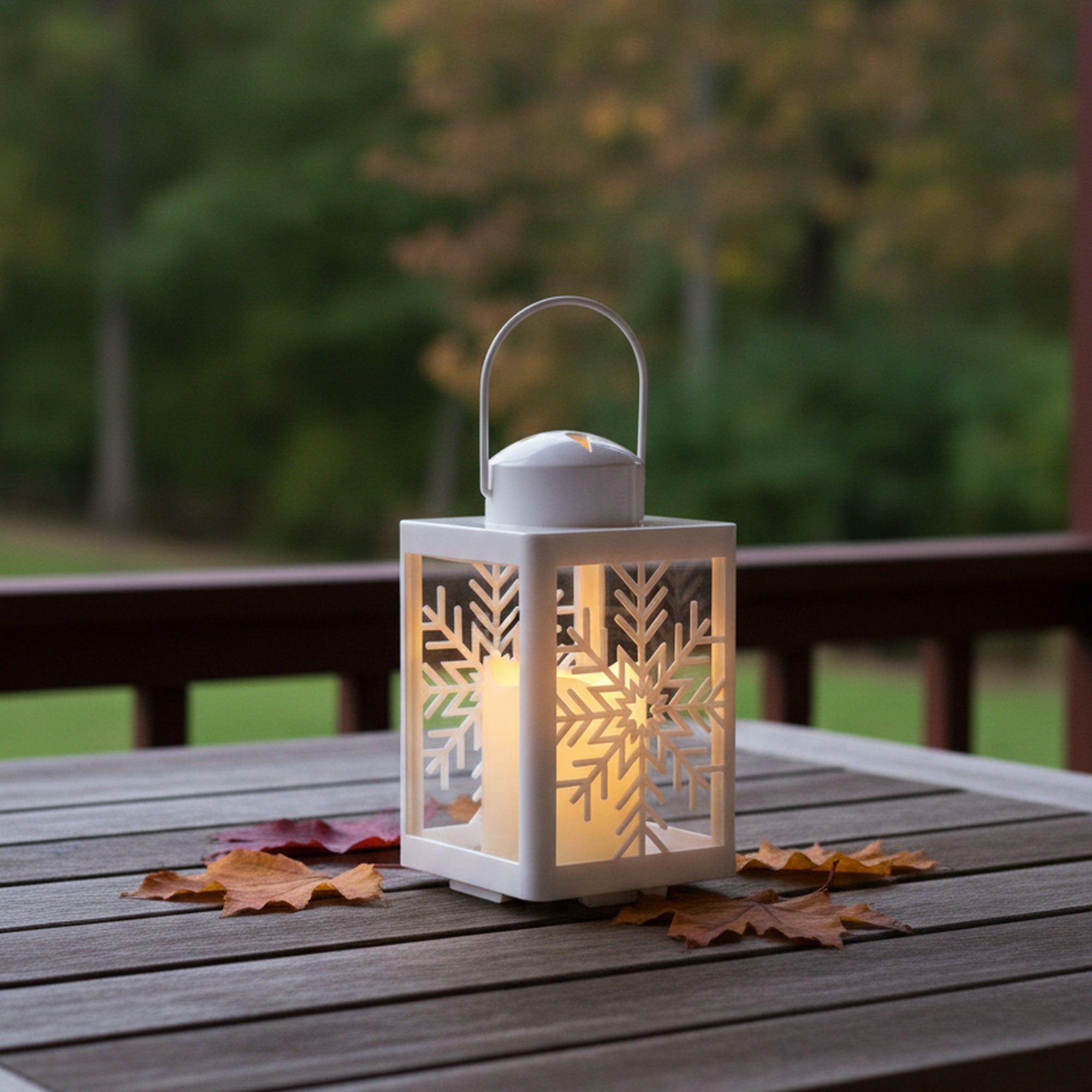 LED Plastic Lantern with Candle White Snowflake, Christmas, Lantern, Holiday Decor- Set of 2