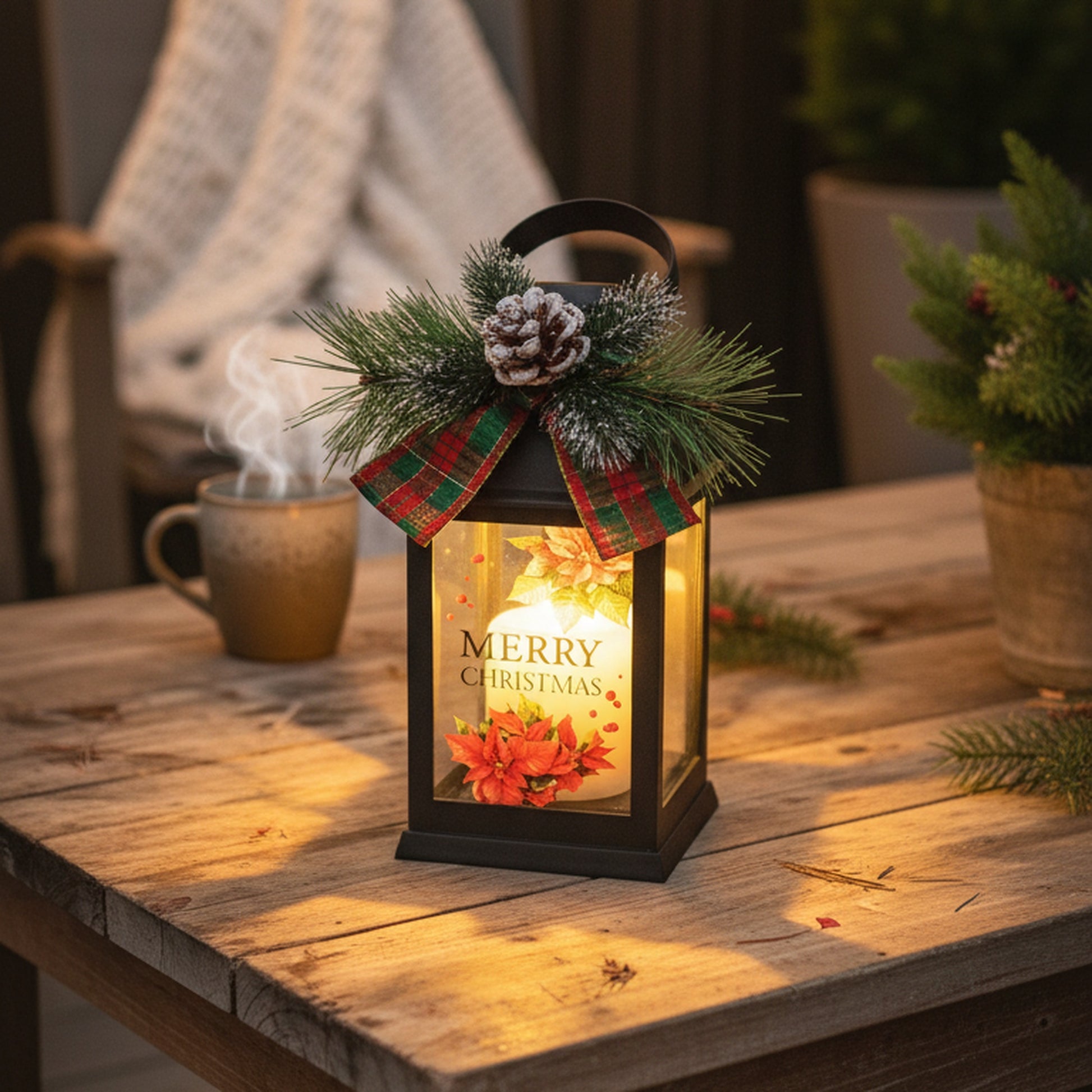 LED Black Lantern with Greenery Merry Christmas, Christmas, Lantern, Holiday Decor