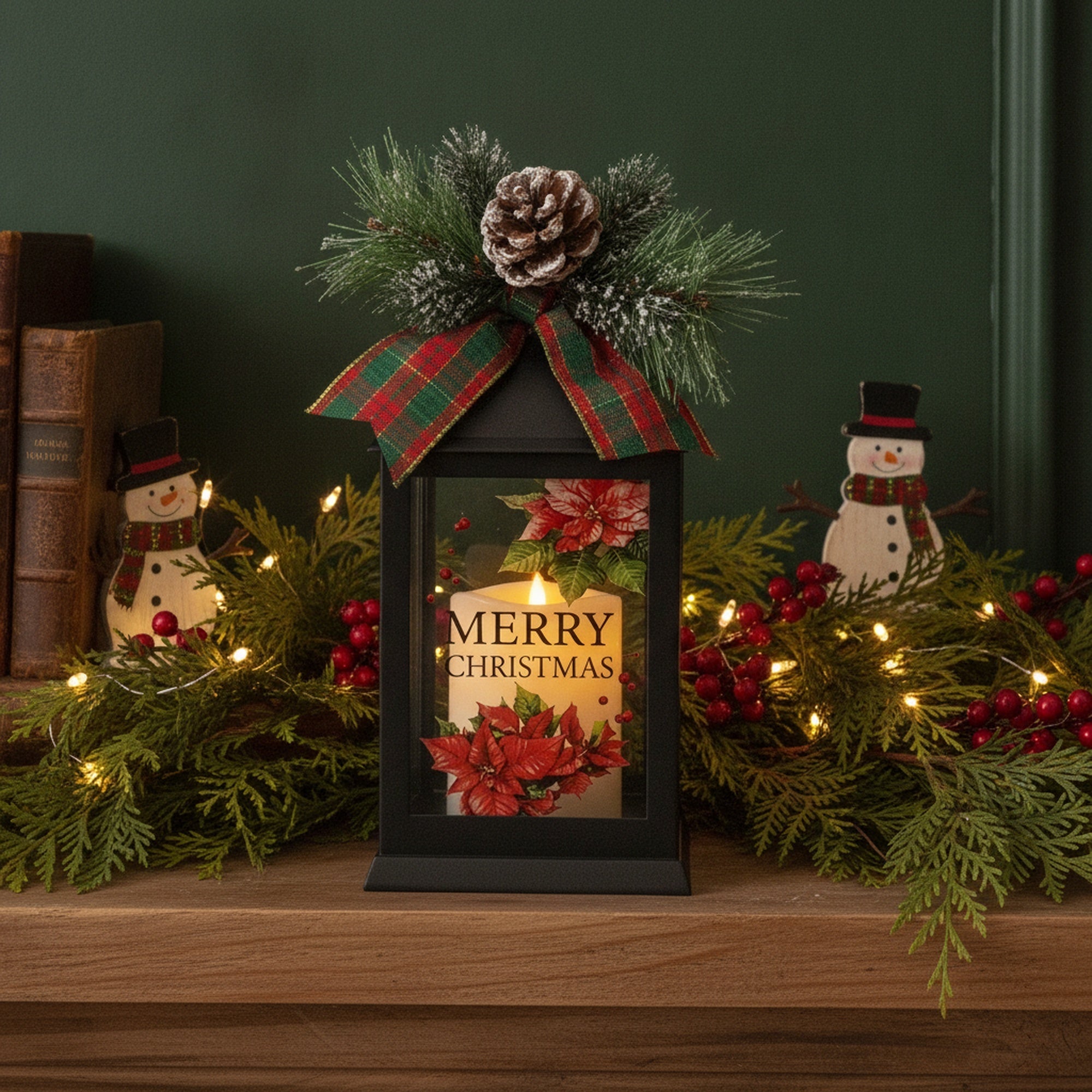 LED Black Lantern with Greenery Merry Christmas, Christmas, Lantern, Holiday Decor