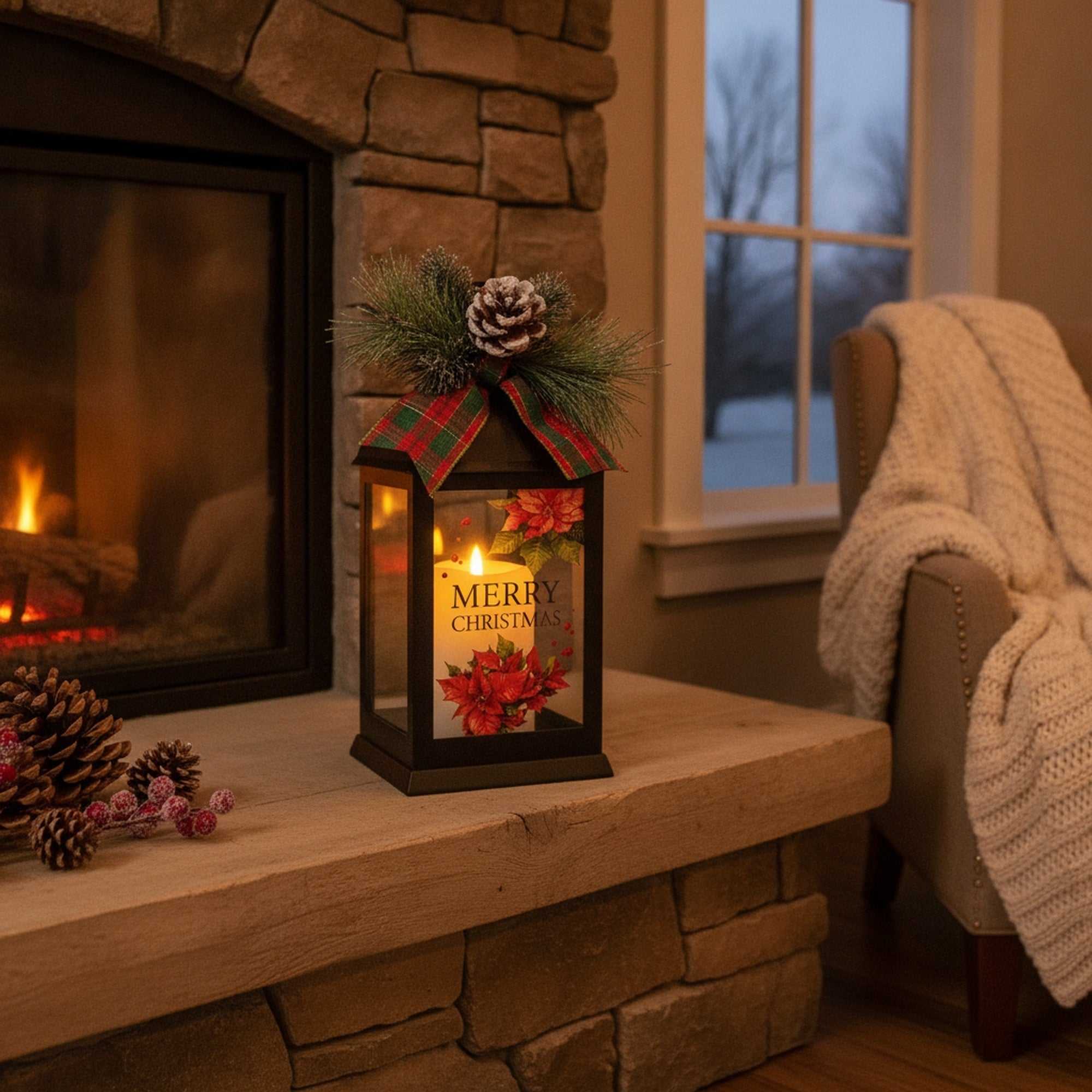 LED Black Lantern with Greenery Merry Christmas, Christmas, Lantern, Holiday Decor