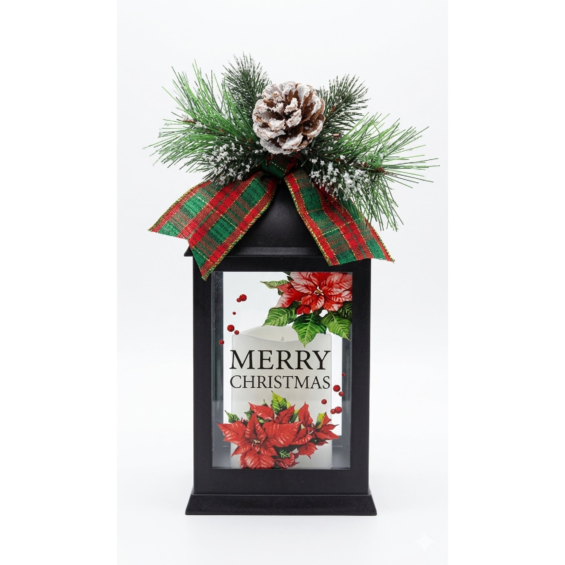 LED Black Lantern with Greenery Merry Christmas, Christmas, Lantern, Holiday Decor