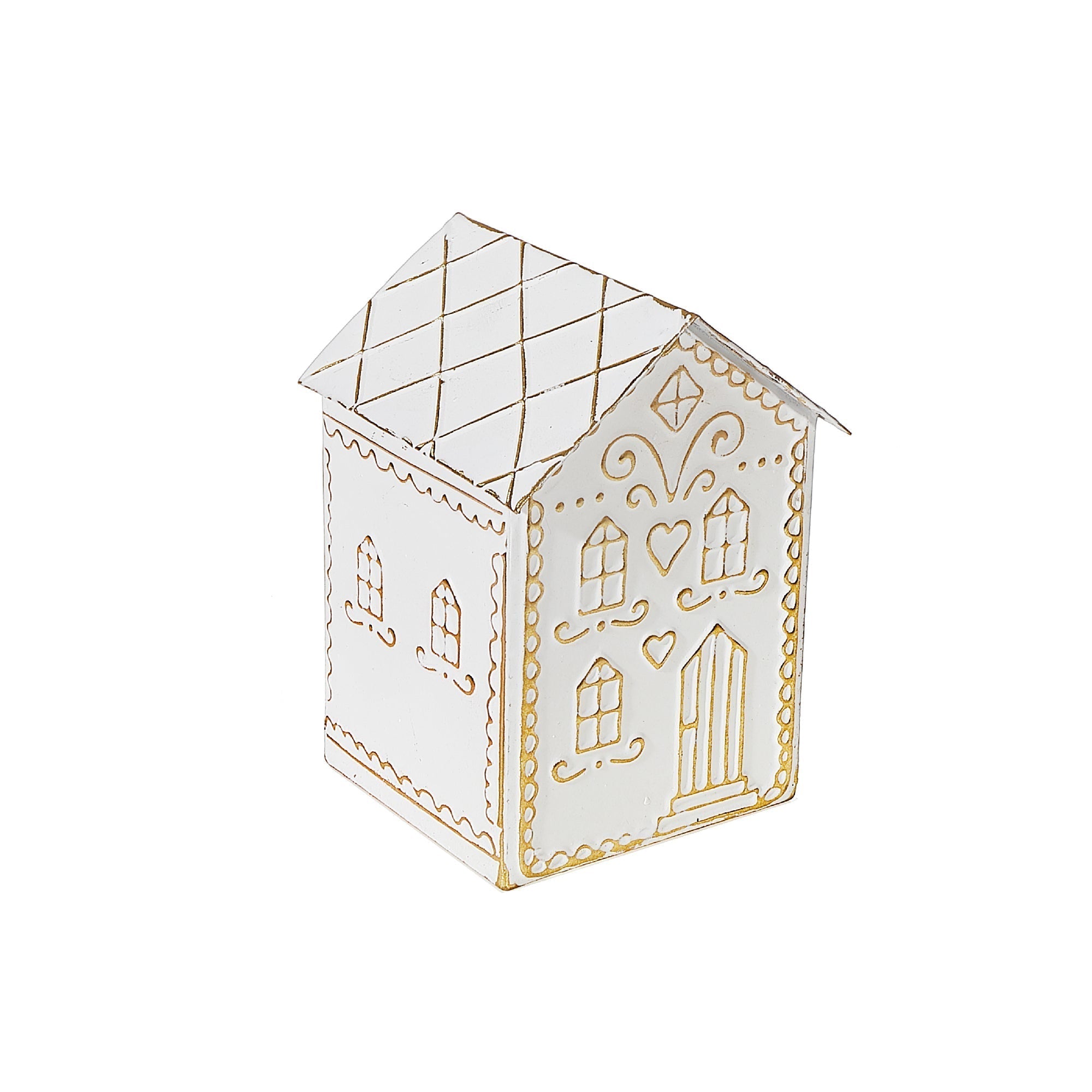 Gold & White Gingerbread Metal House – Christmas Holiday Decoration