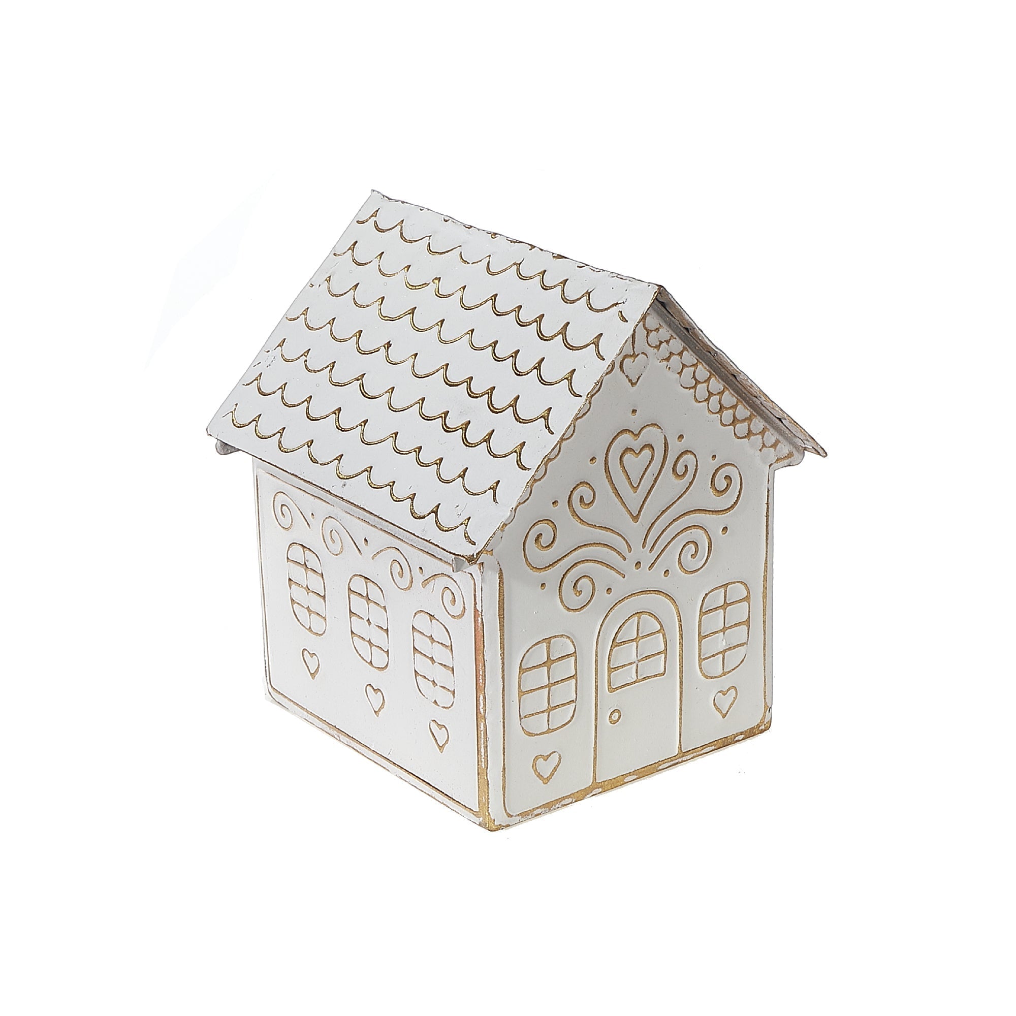 Gold & White Gingerbread Metal House – Christmas Holiday Decoration