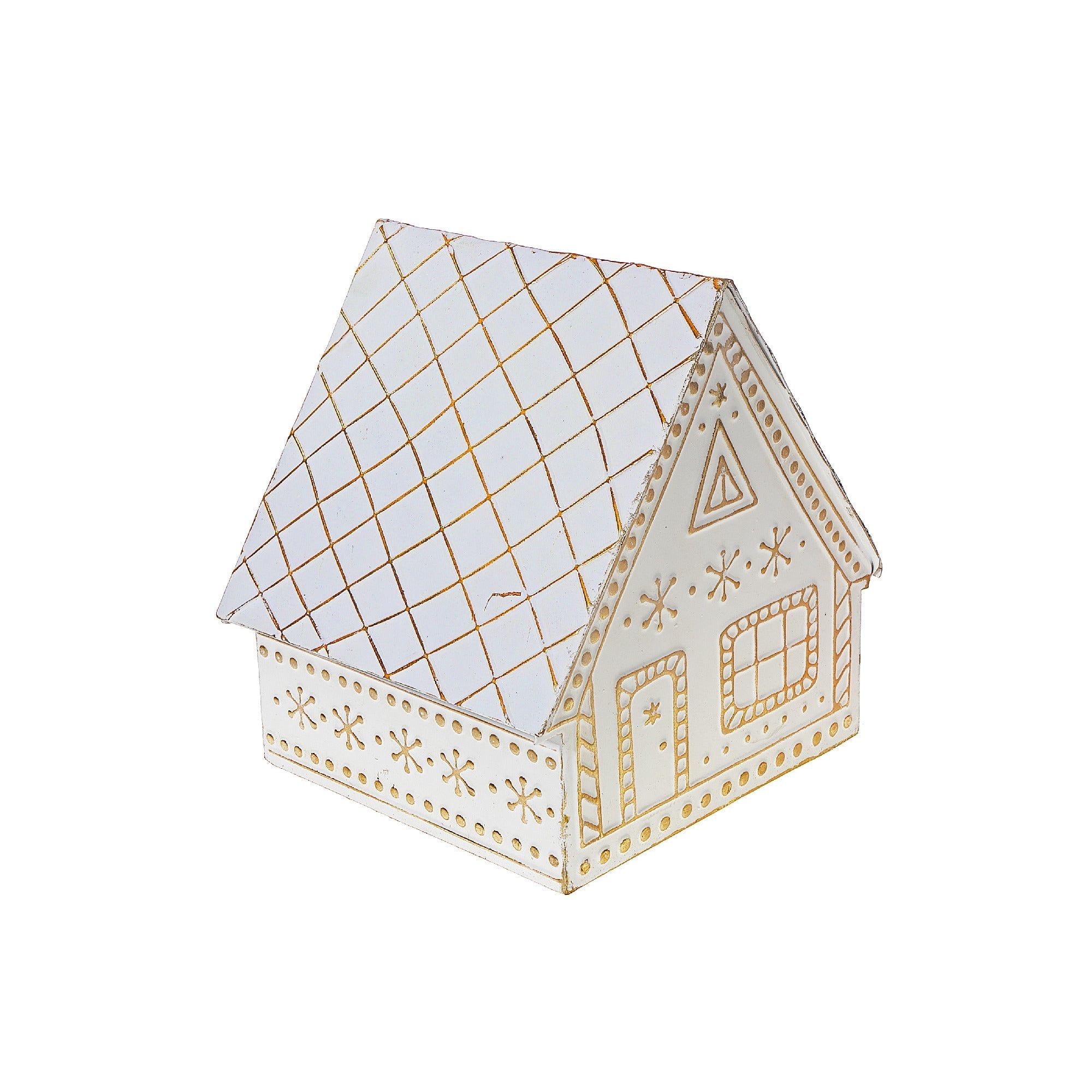 Gold & White Gingerbread Metal House – Christmas Holiday Decoration