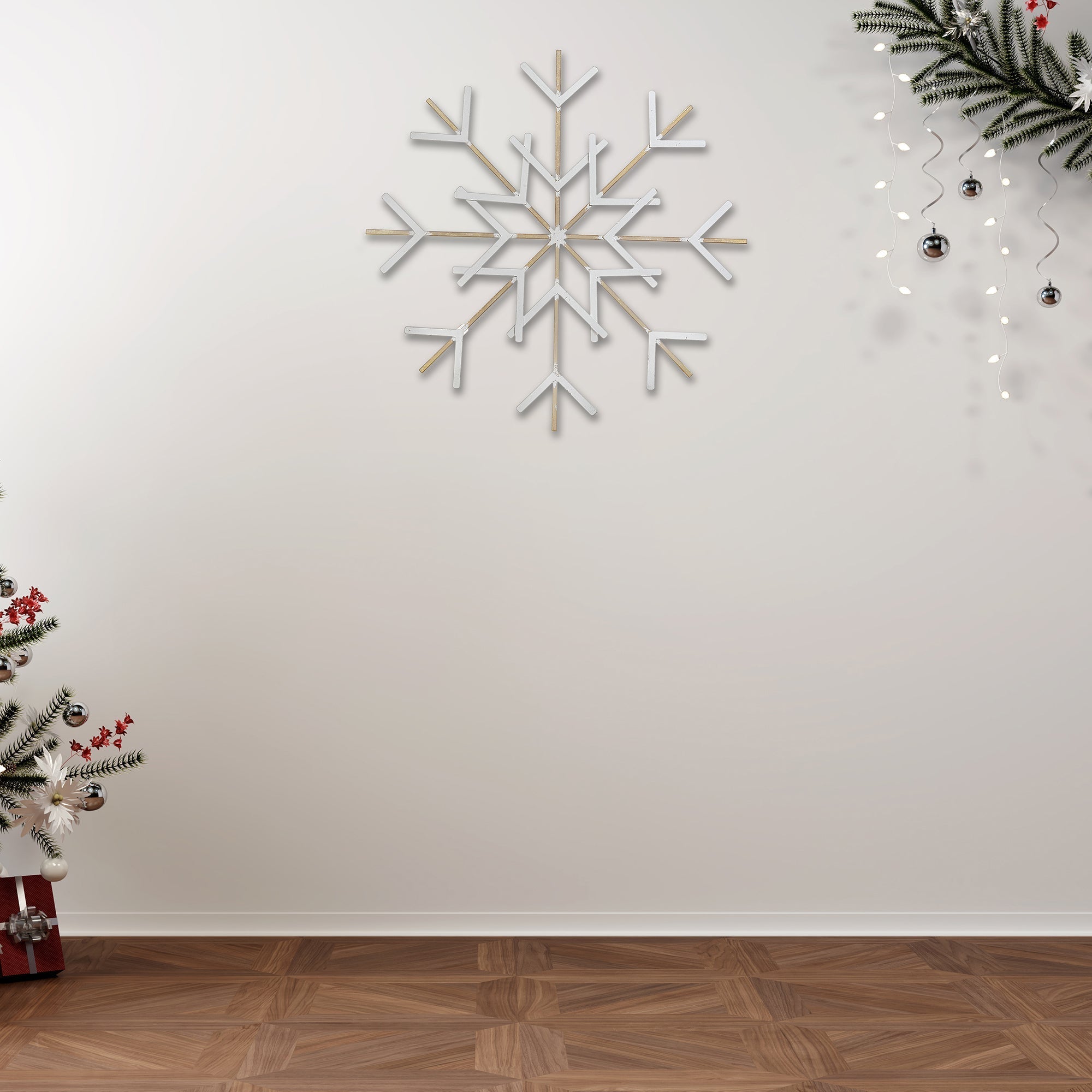 Large White & Gold Metal Snowflake Wall Decor – Christmas Holiday Decoration