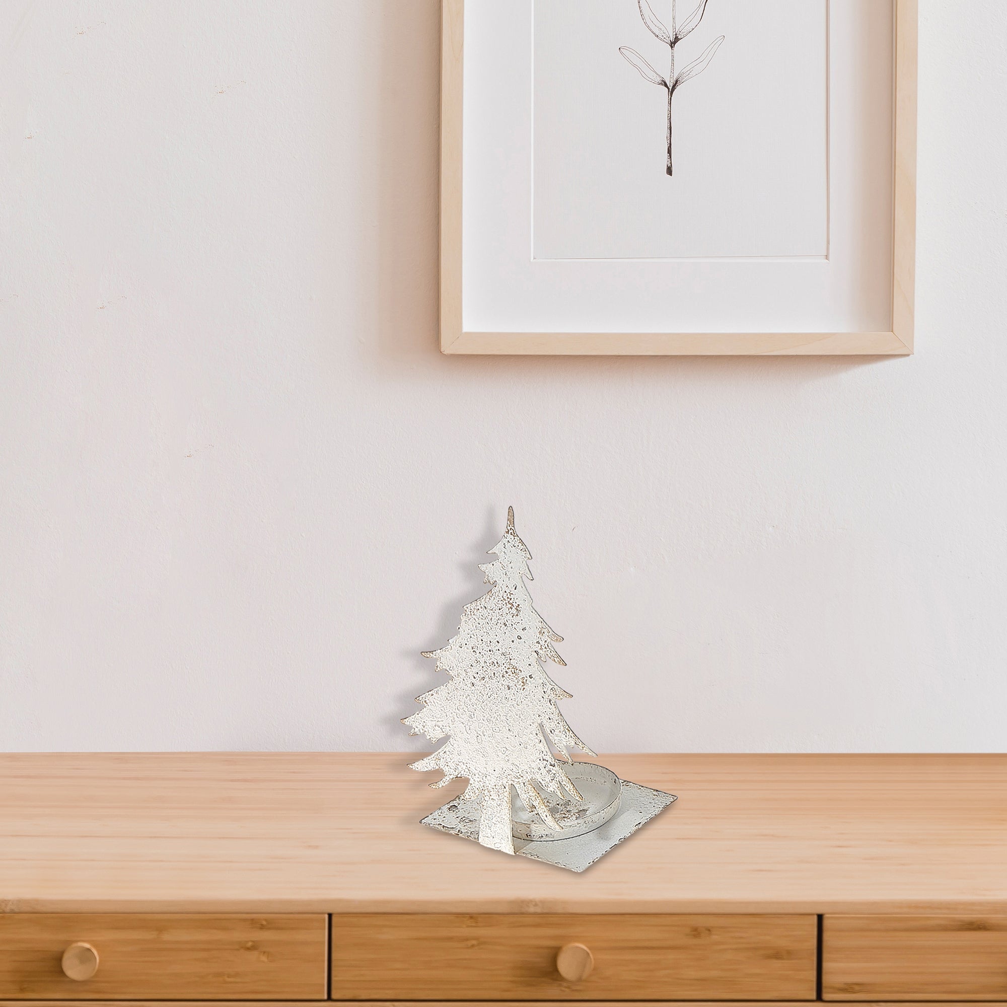 Distressed White Metal Christmas Tree Candleholder – Holiday Decor