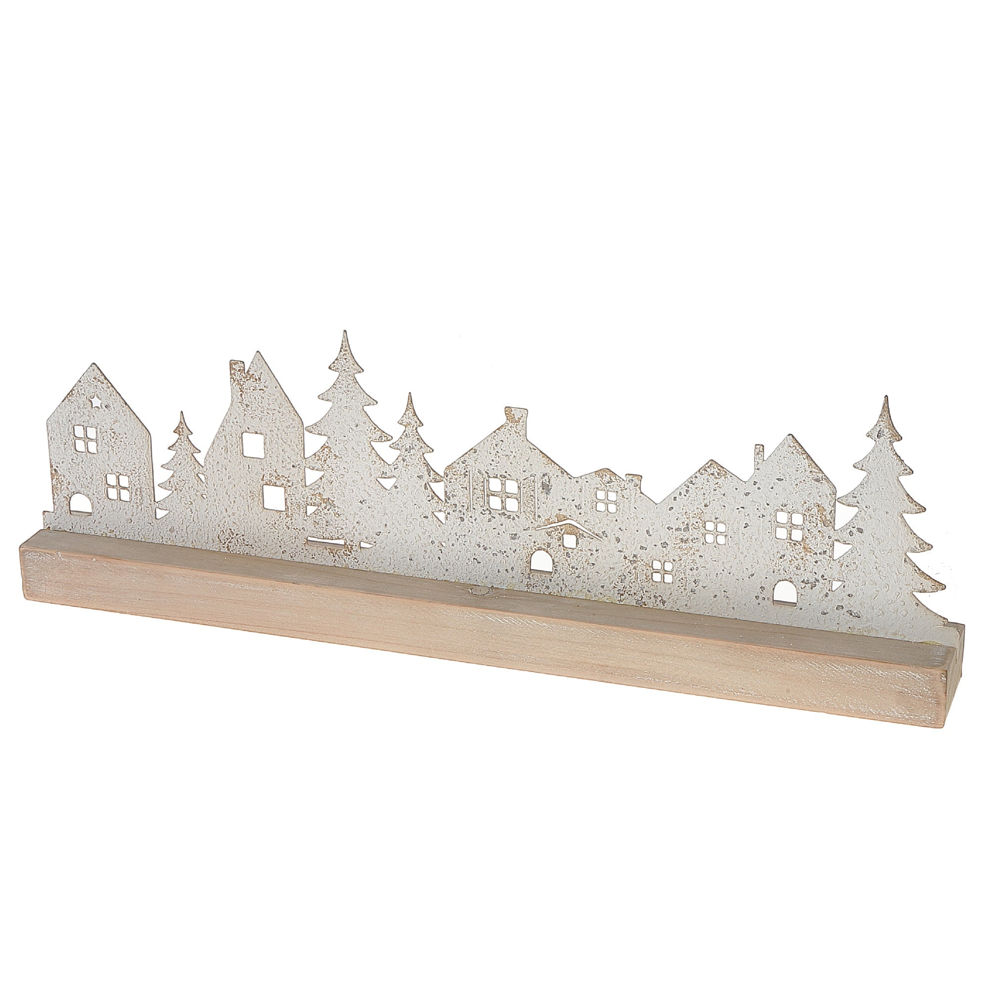 White Village Table Top Christmas Decor with Wood Base – Holiday Decoration