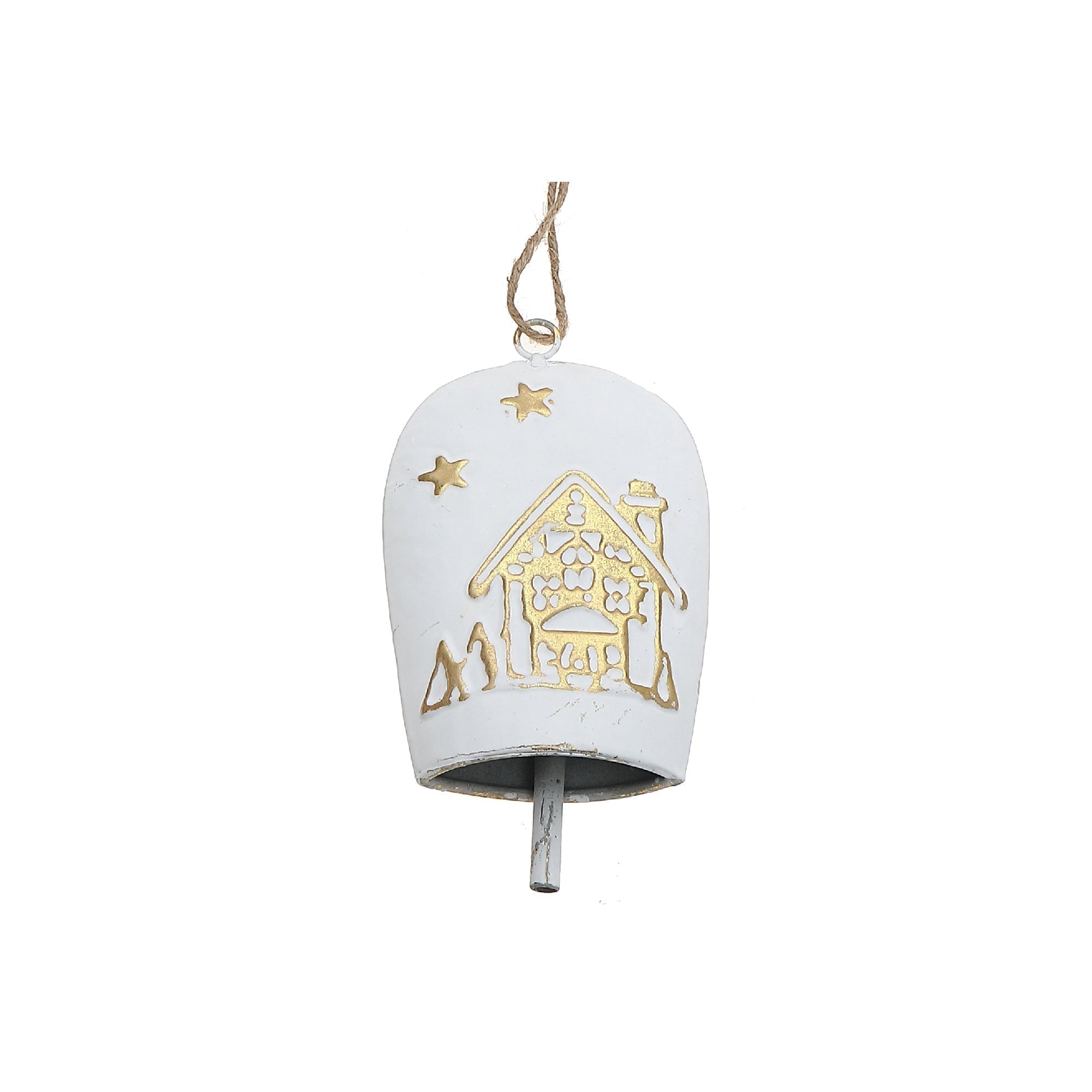 White and Gold Metal Embossed Cow Bell Christmas Ornaments, Holiday Tree Decorations, Rustic Festive Hanging Ornaments, Set of 4