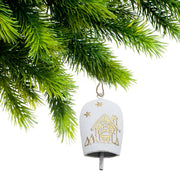 White and Gold Metal Embossed Cow Bell Christmas Ornaments, Holiday Tree Decorations, Rustic Festive Hanging Ornaments, Set of 4