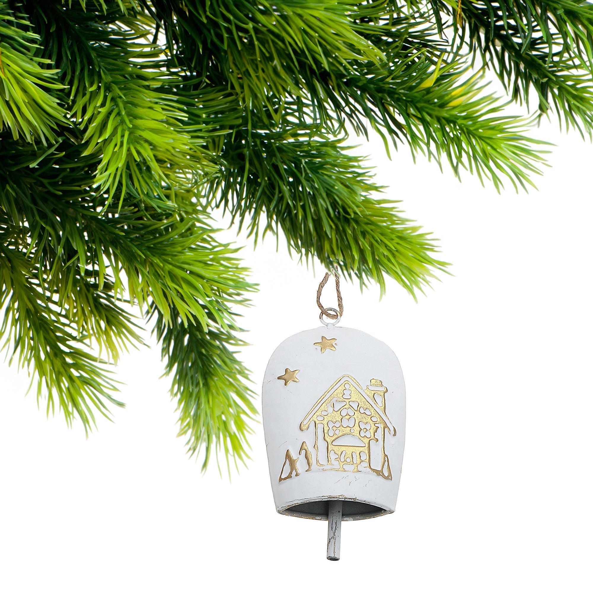 White and Gold Metal Embossed Cow Bell Christmas Ornaments, Holiday Tree Decorations, Rustic Festive Hanging Ornaments, Set of 4