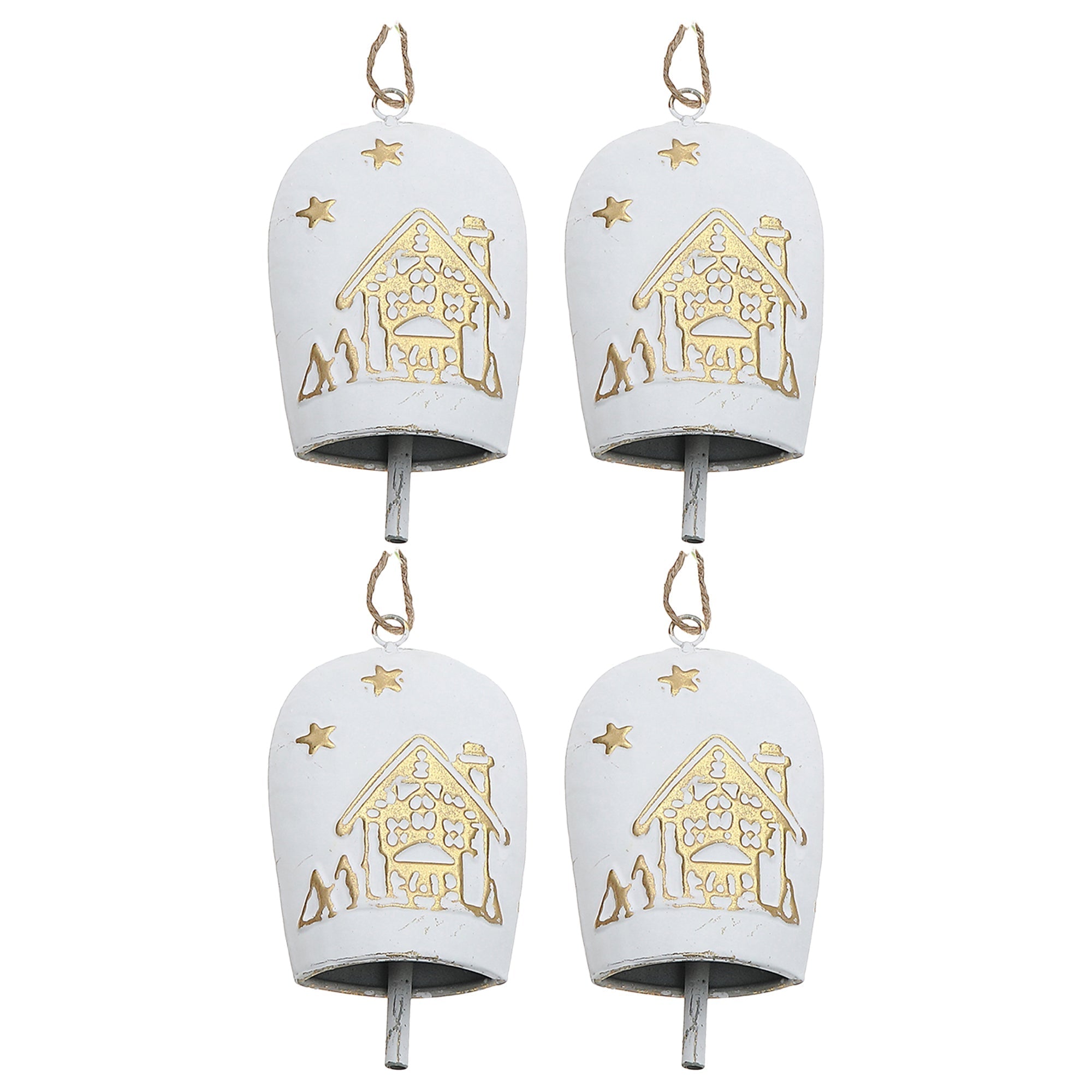 White and Gold Metal Embossed Cow Bell Christmas Ornaments, Holiday Tree Decorations, Rustic Festive Hanging Ornaments, Set of 4