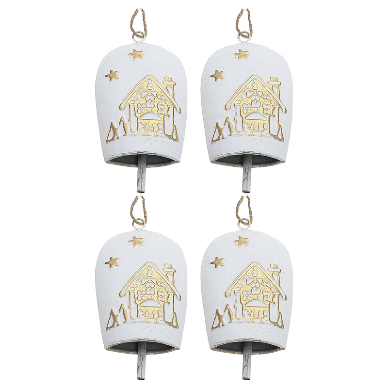 White & Gold Metal Embossed Cow Bell Ornament - Set of 4