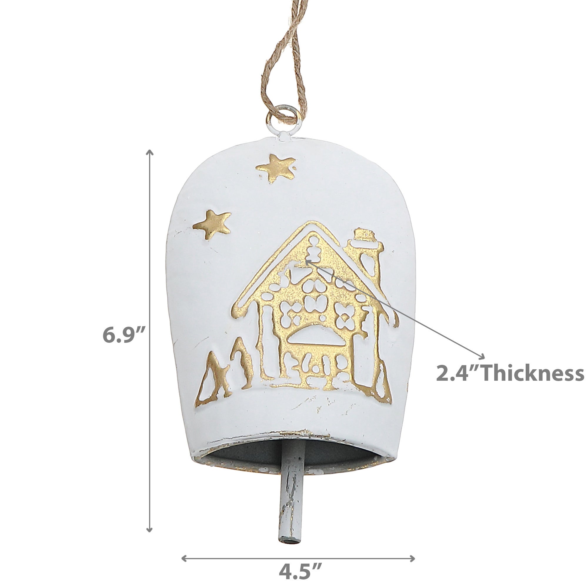 White and Gold Metal Embossed Cow Bell Christmas Ornaments, Holiday Tree Decorations, Rustic Festive Hanging Ornaments, Set of 4