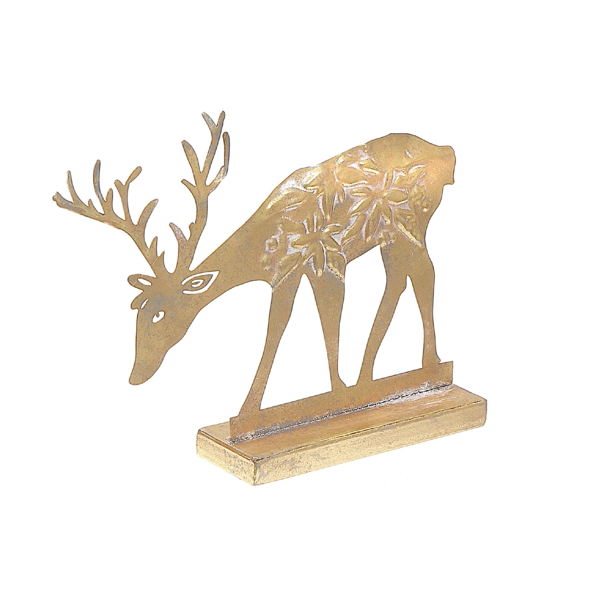 Gold Metal Reindeer Figurine Stand Leaning Down Set of 2 – Christmas Tabletop Decoration, Holiday Accent, Festive Winter Figurines