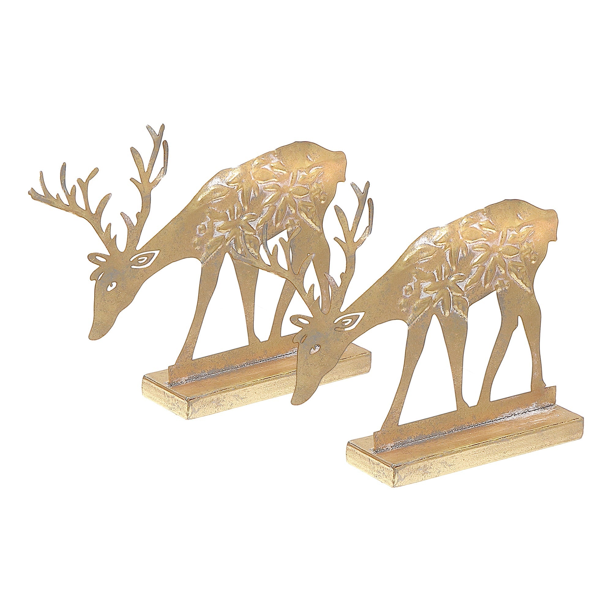 Gold Metal Reindeer Figurine Stand Leaning Down Set of 2 – Christmas Tabletop Decoration, Holiday Accent, Festive Winter Figurines
