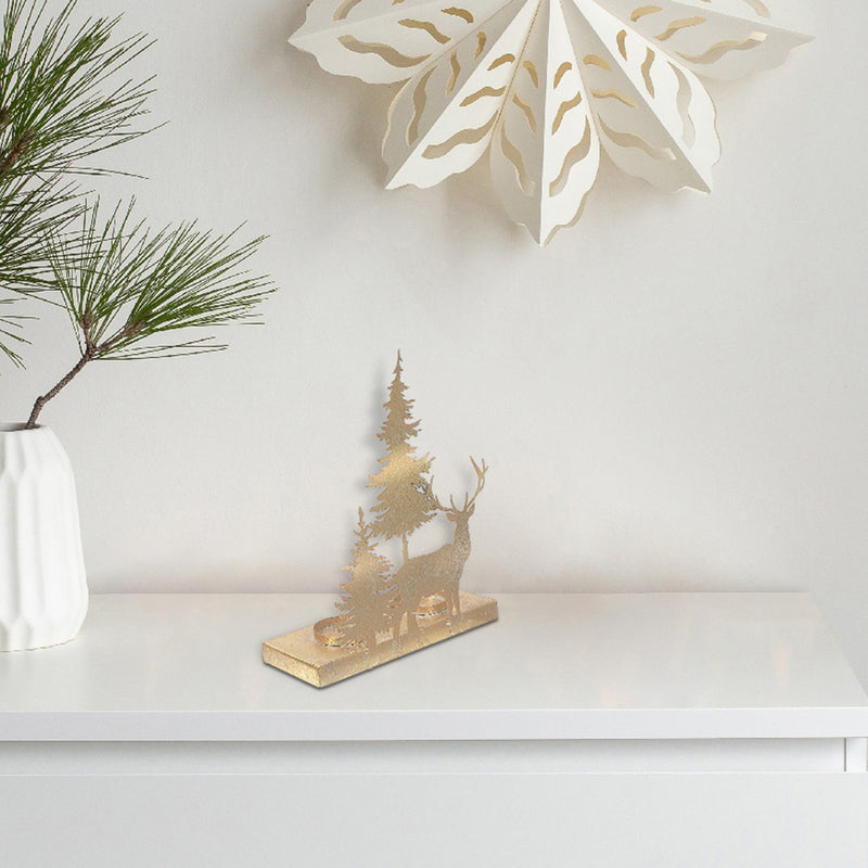 Gold Metal Reindeer And Tree Candle Holder
