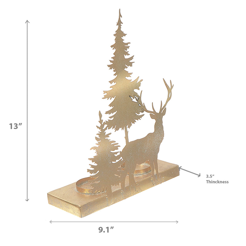 Gold Metal Reindeer And Tree Candle Holder