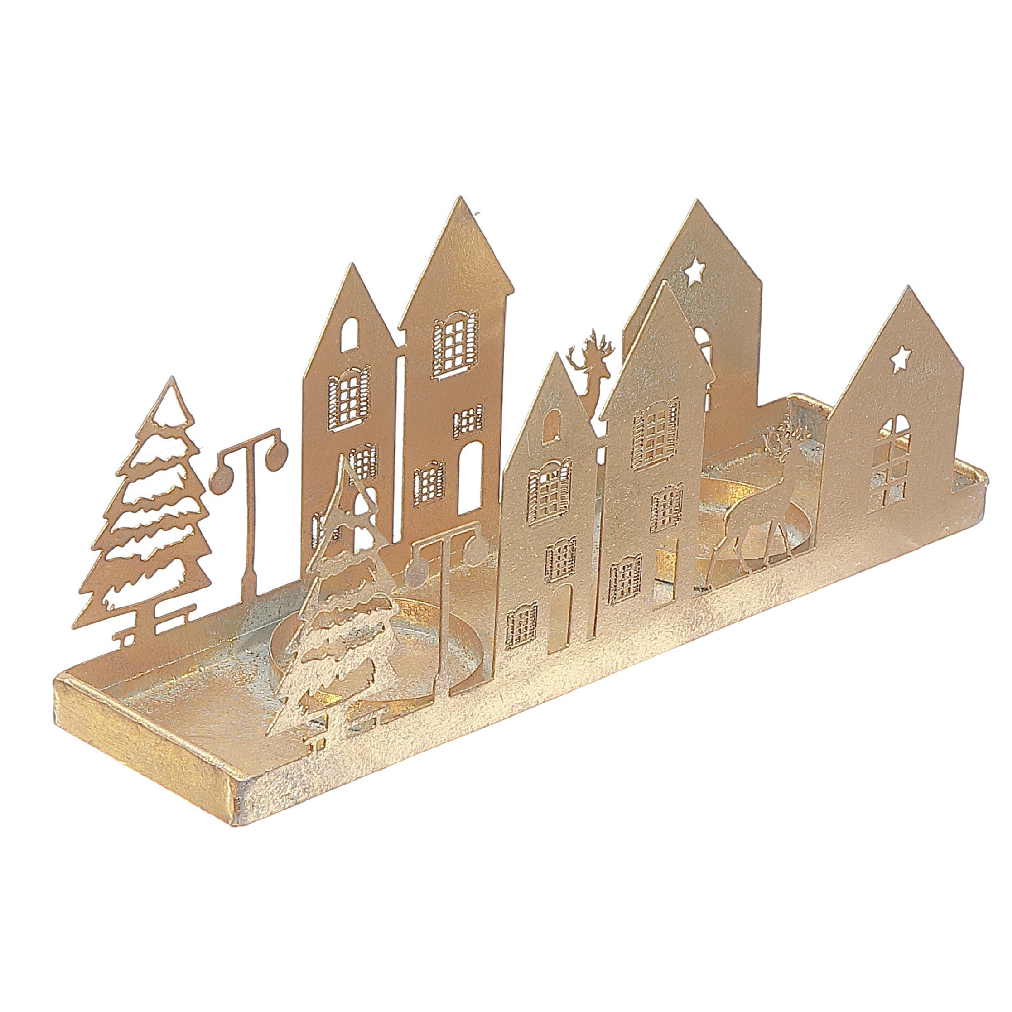 Gold Metal Winter Village Candle Holder, Christmas Decor, Holiday Centerpiece, Festive Candle Accent
