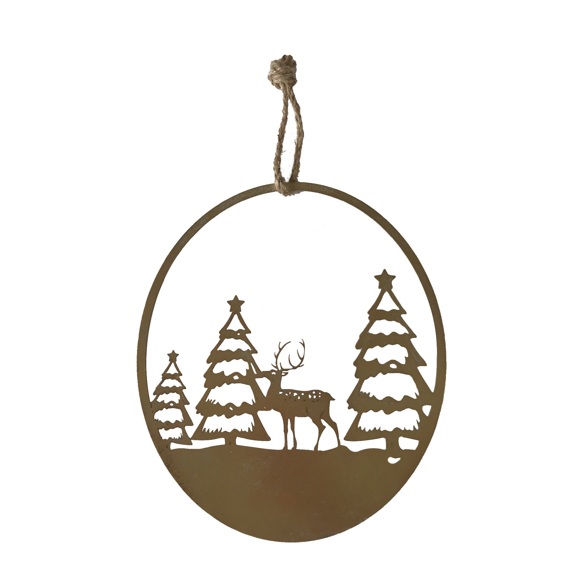 Gold Metal Cut Out Reindeer and Tree Christmas Ornament, Holiday Wall Decoration