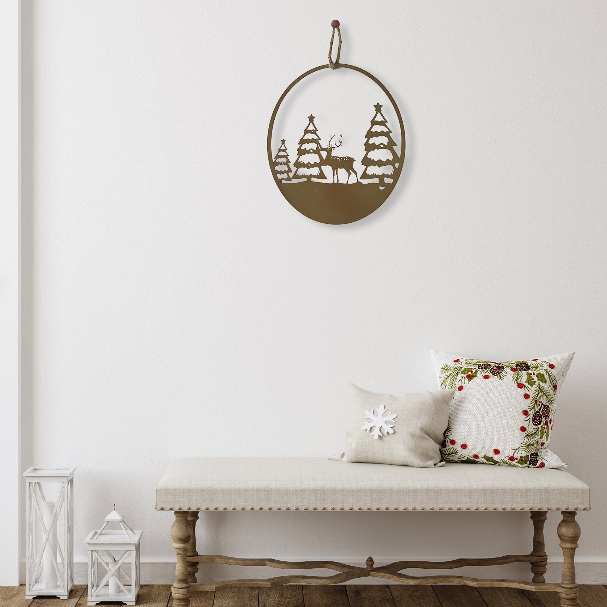 Gold Metal Cut Out Reindeer and Tree Christmas Ornament, Holiday Wall Decoration