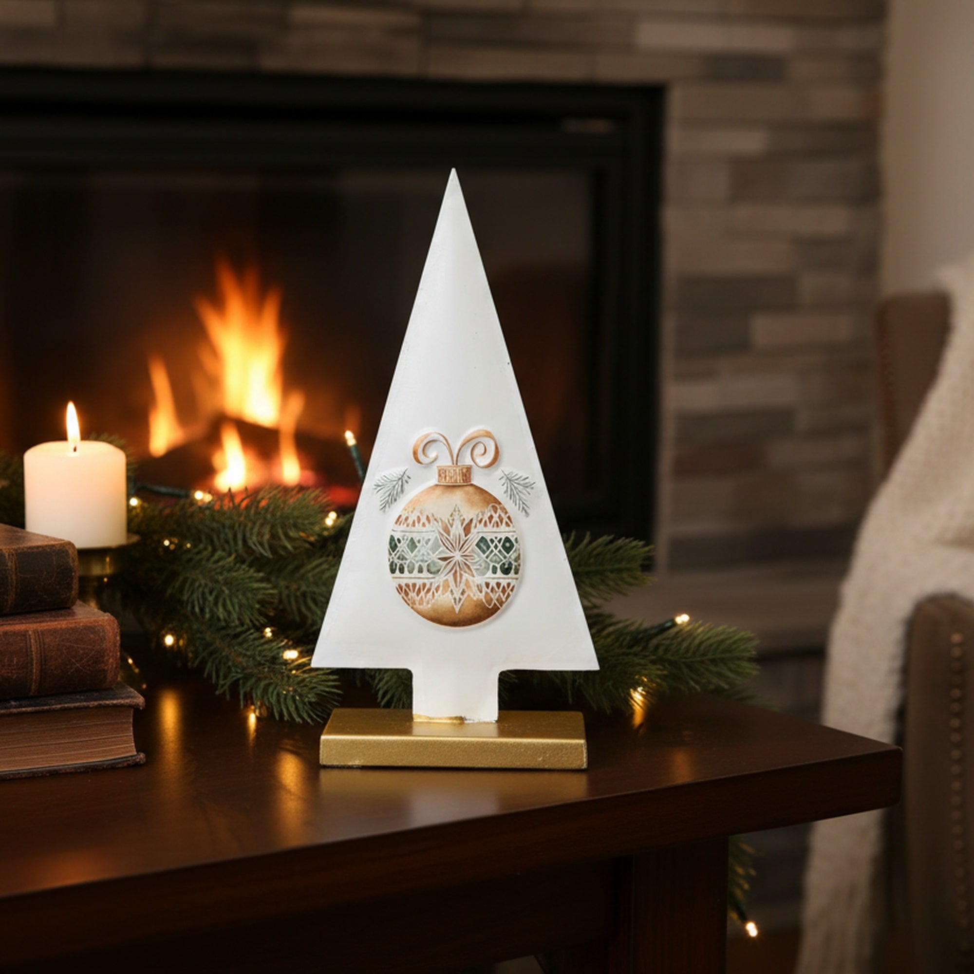 8.25" White Metal Tabletop Tree Decor Winter Village, Winter, Village Decor, Holiday Decor