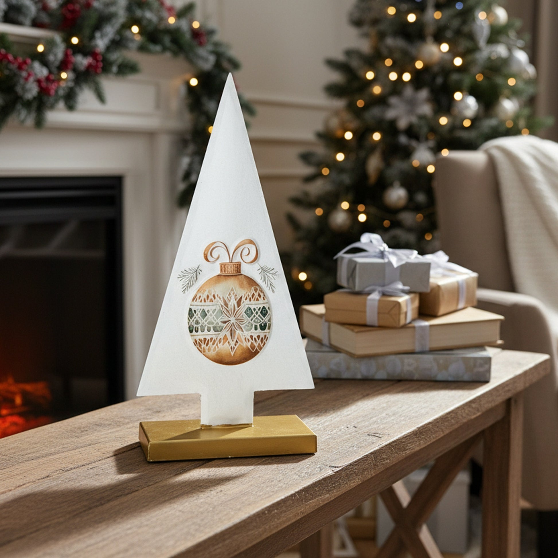 8.25" White Metal Tabletop Tree Decor Winter Village, Winter, Village Decor, Holiday Decor