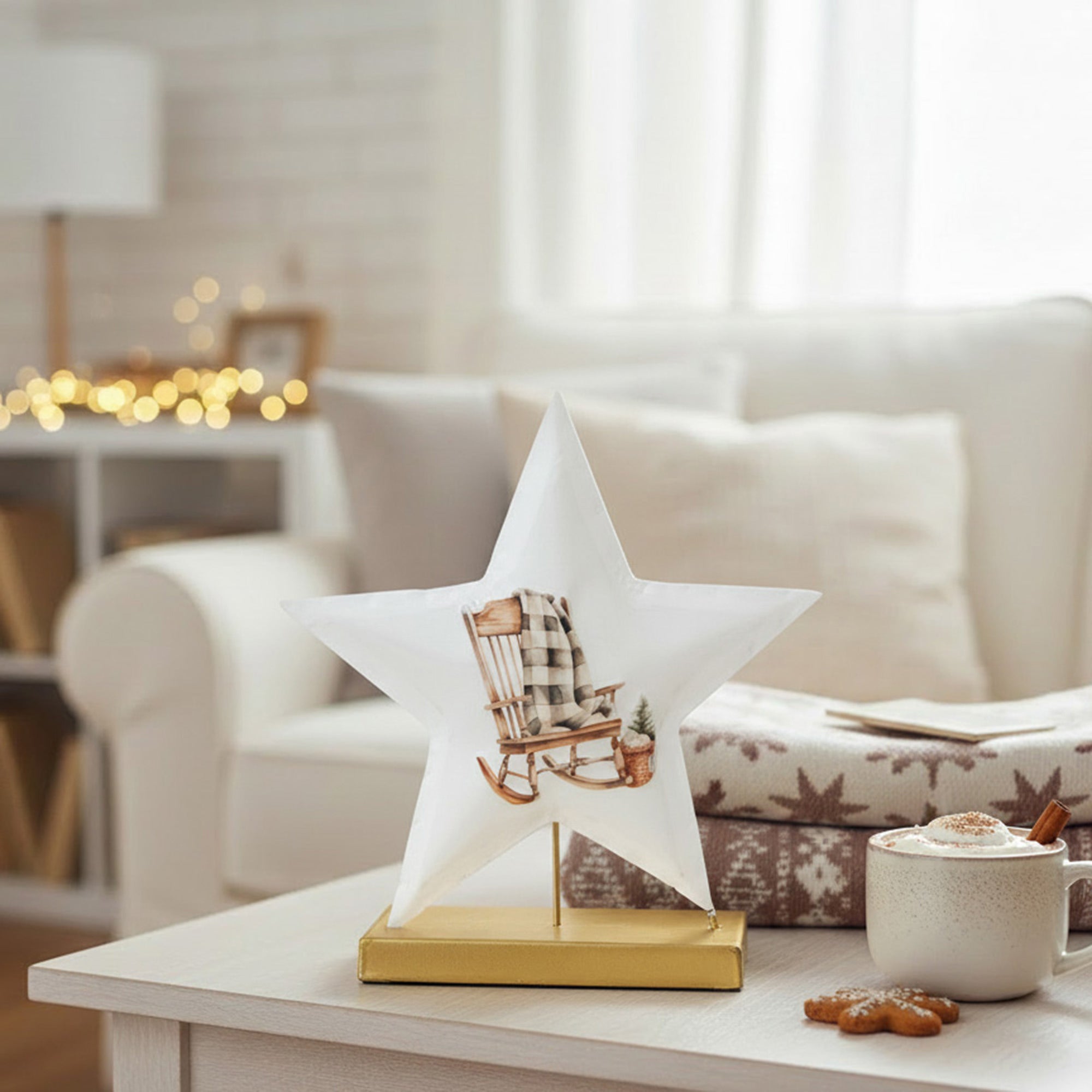 7.5" White Metal Tabletop Star Decor Rocking Chair, Holiday Decor