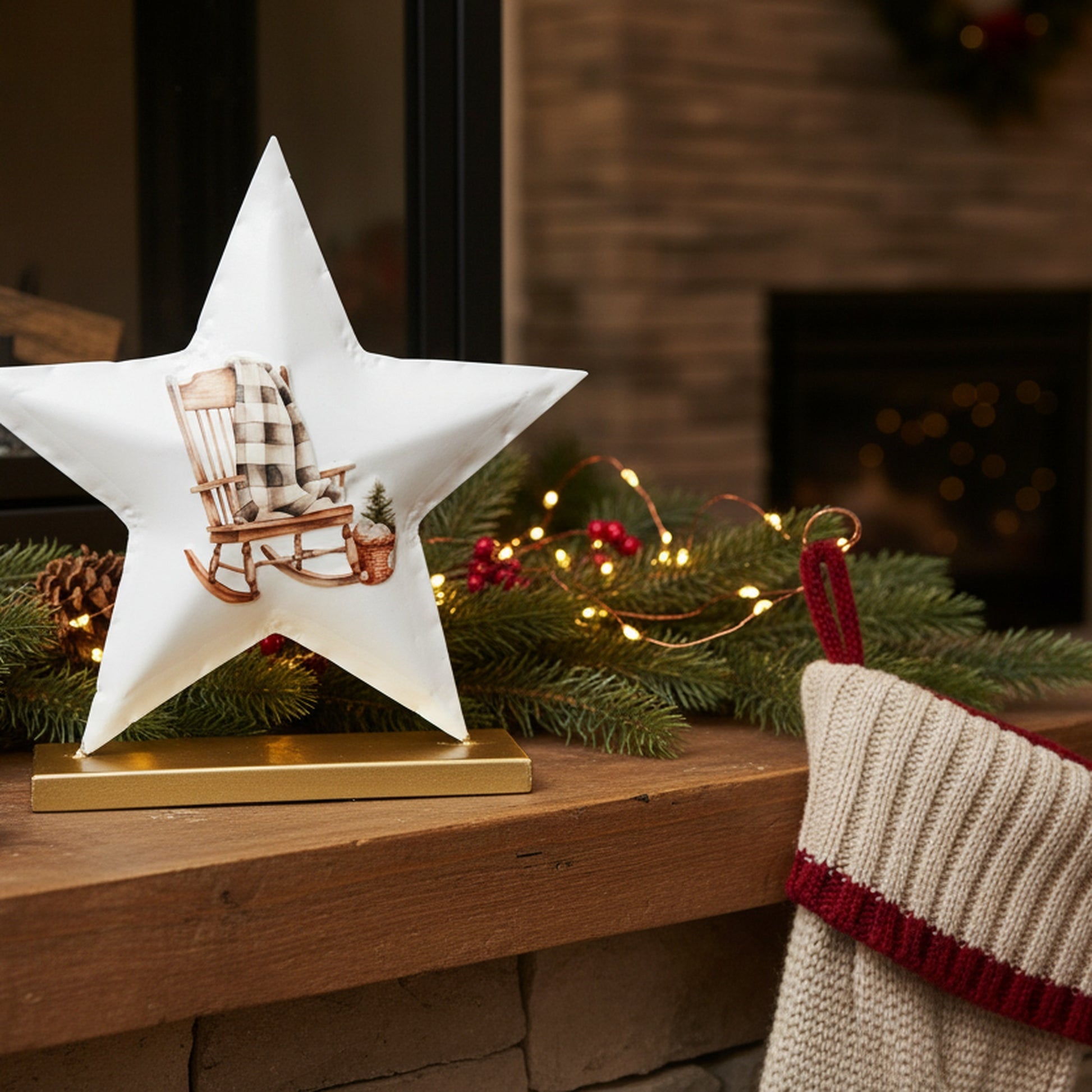 7.5" White Metal Tabletop Star Decor Rocking Chair, Holiday Decor