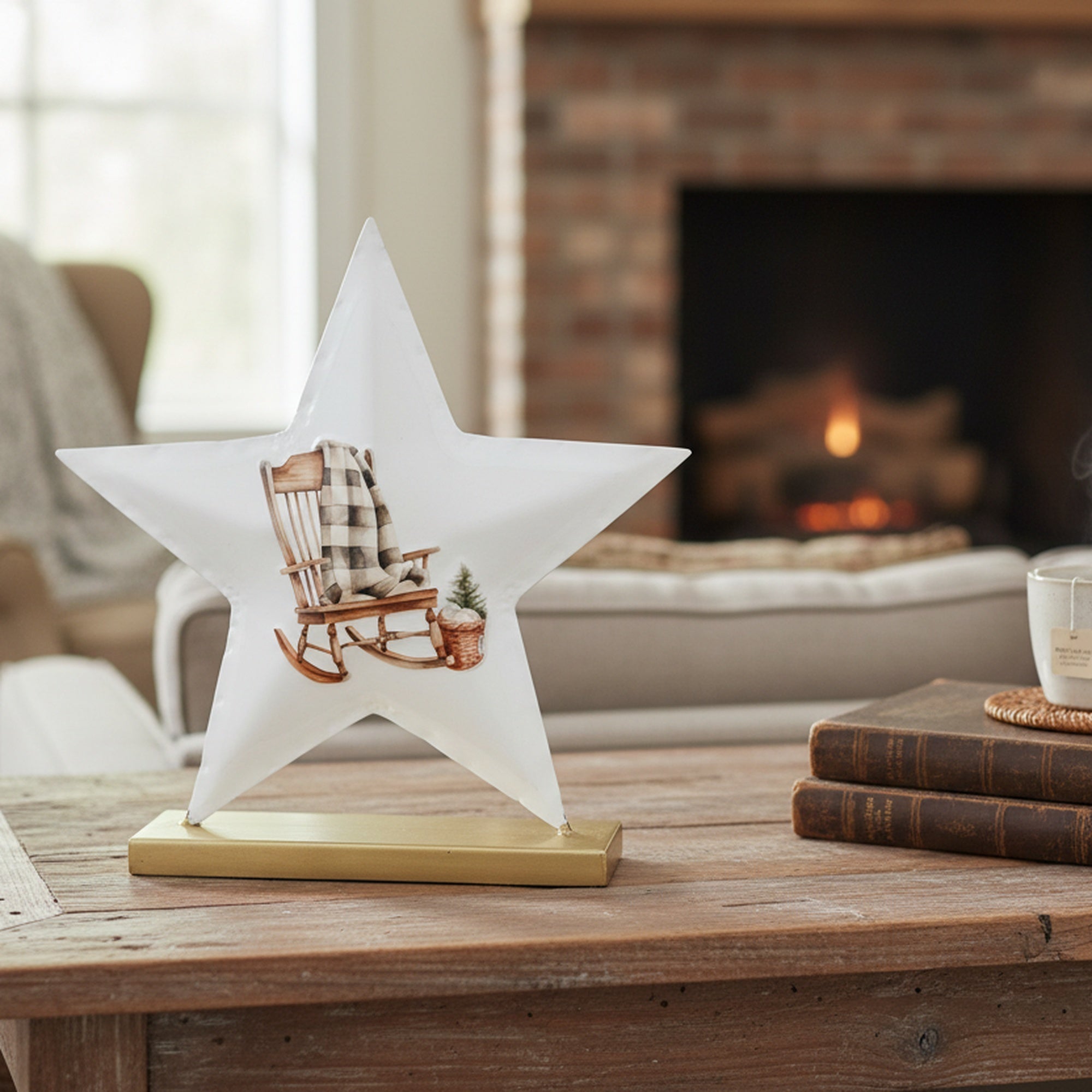 7.5" White Metal Tabletop Star Decor Rocking Chair, Holiday Decor