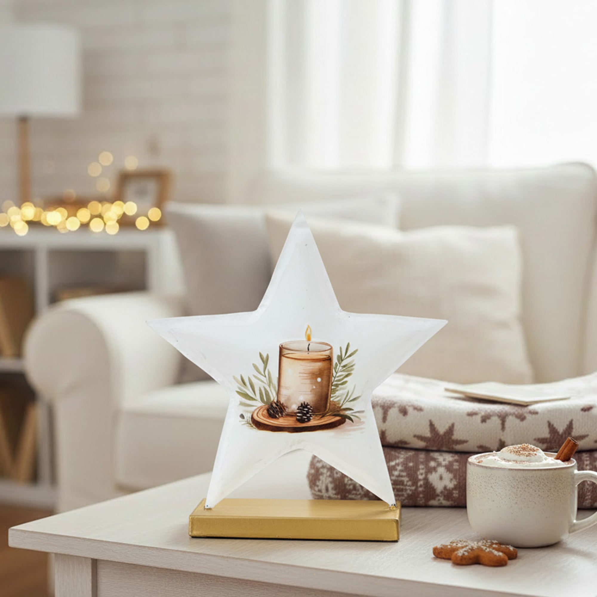 8.5" White Metal Tabletop Star Decor Candle, Holiday Decor