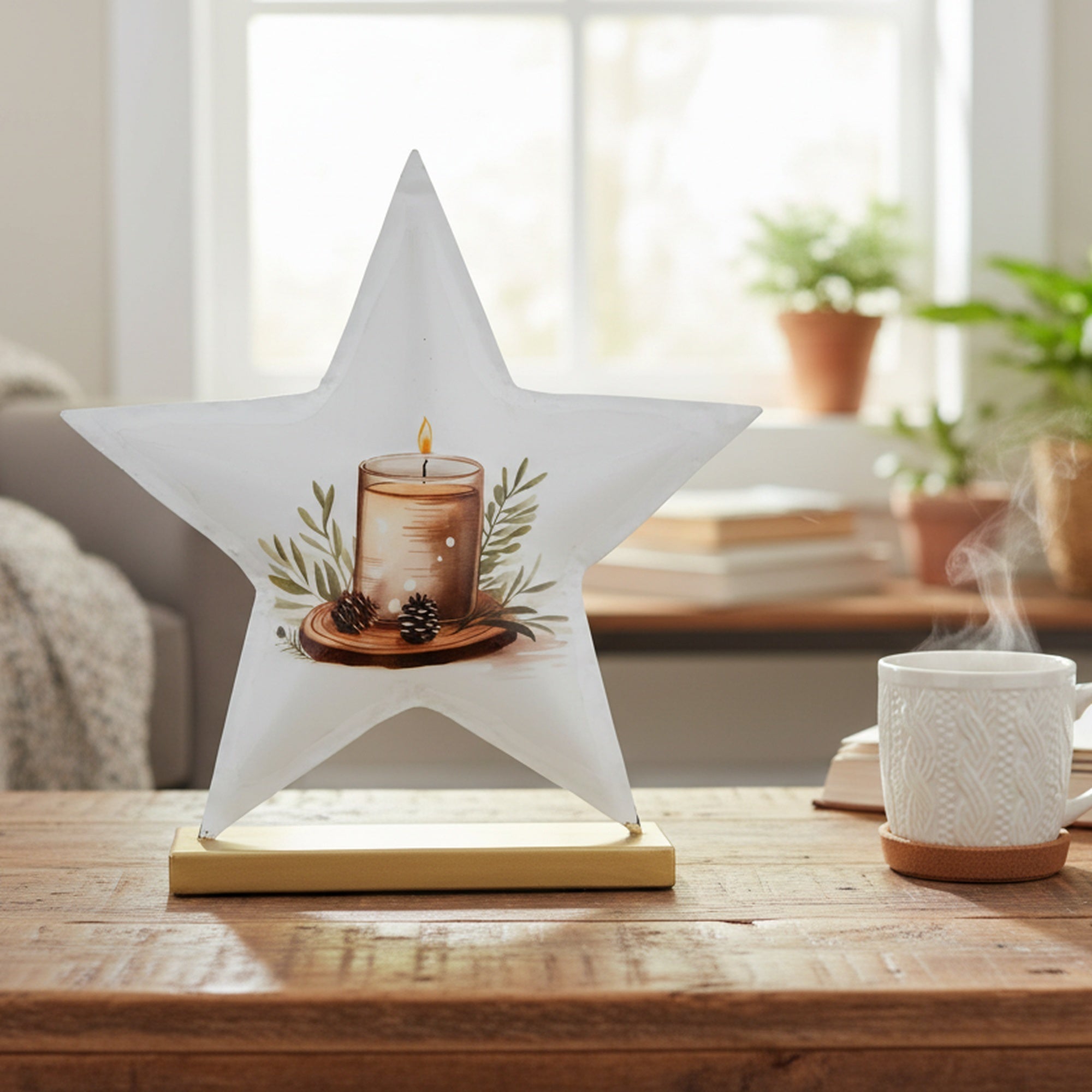 8.5" White Metal Tabletop Star Decor Candle, Holiday Decor