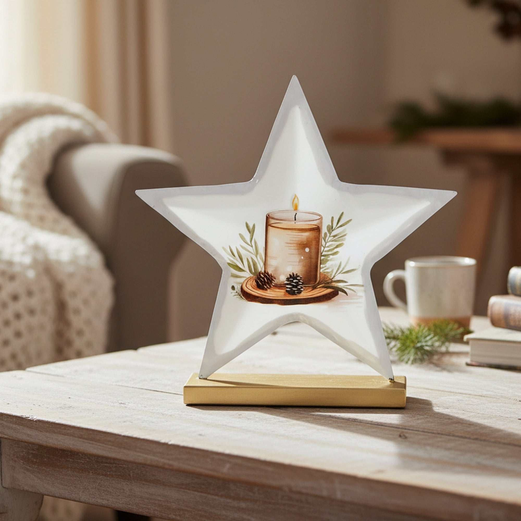 8.5" White Metal Tabletop Star Decor Candle, Holiday Decor