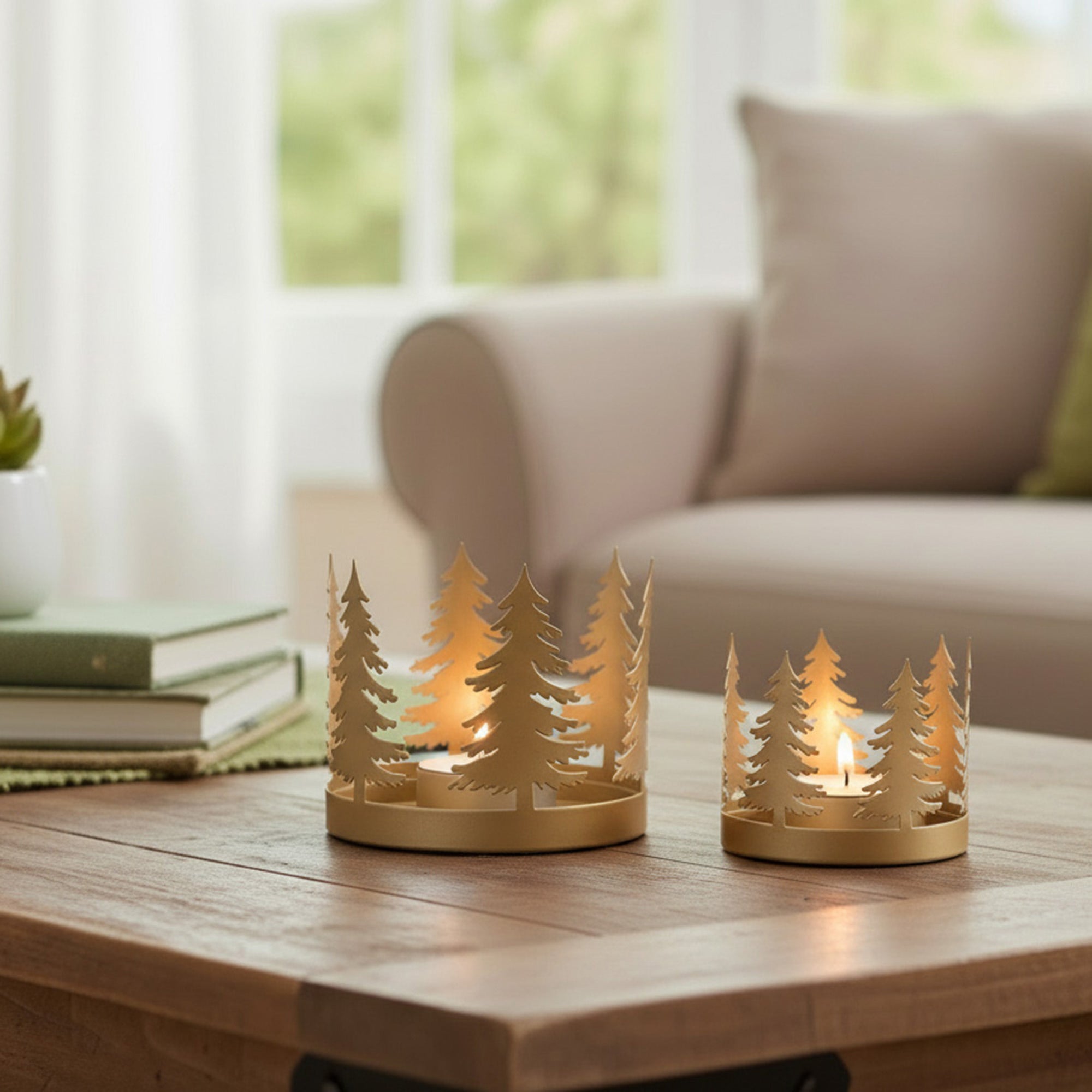 Circular Gold Metal Candle Holder Tree Set of 2, Candle Holder, Holiday Decor