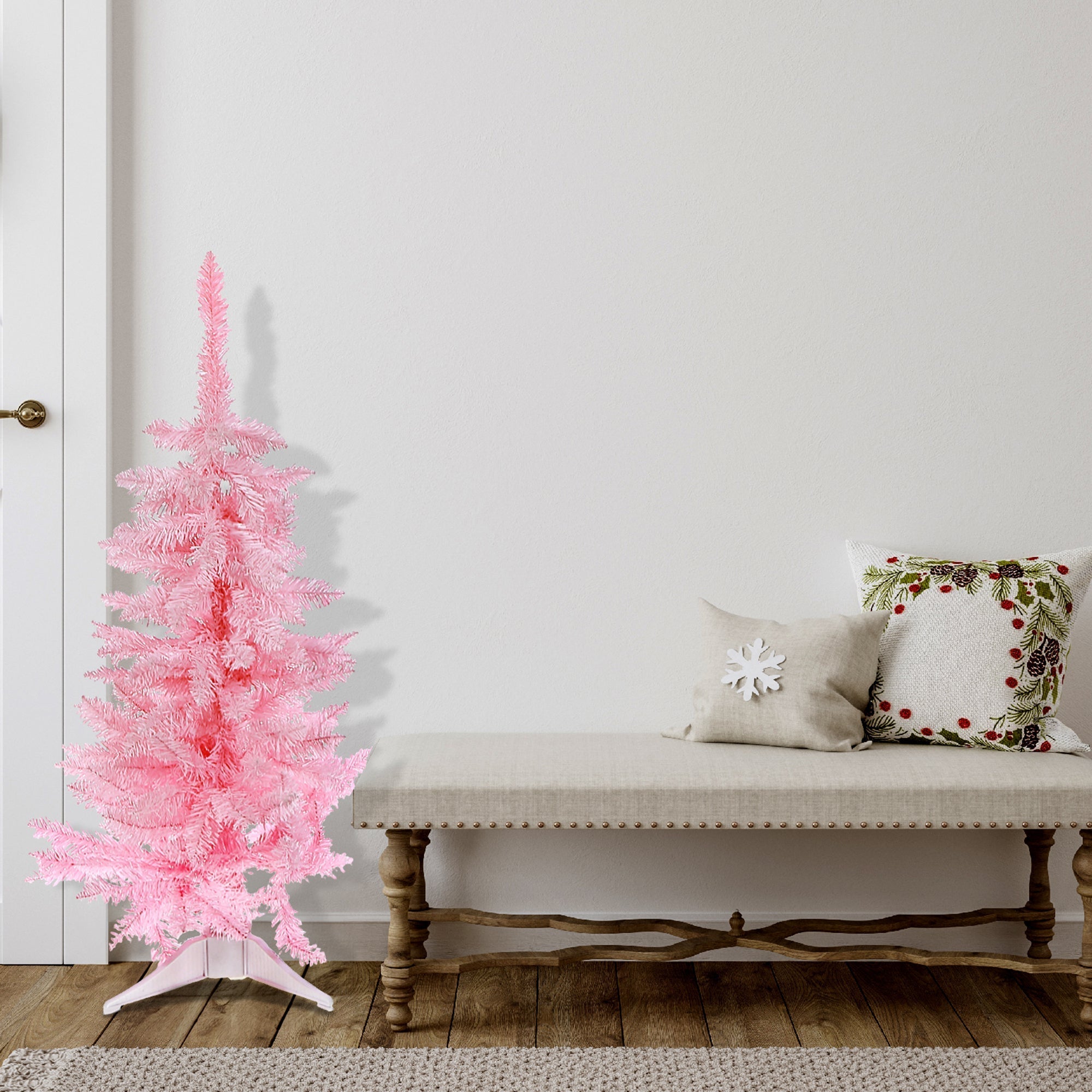 3 Foot Pink Spruce PVC Christmas Tree, 120 Tips, Plastic Stand, Holiday Tabletop Tree