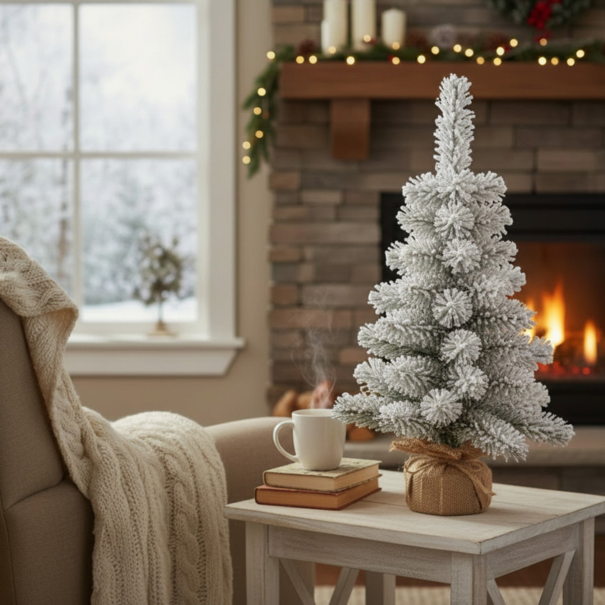2' Flocked Pine Christmas Tree 55 Tips with Jute Wrapped Base, Christmas, Holiday Decor