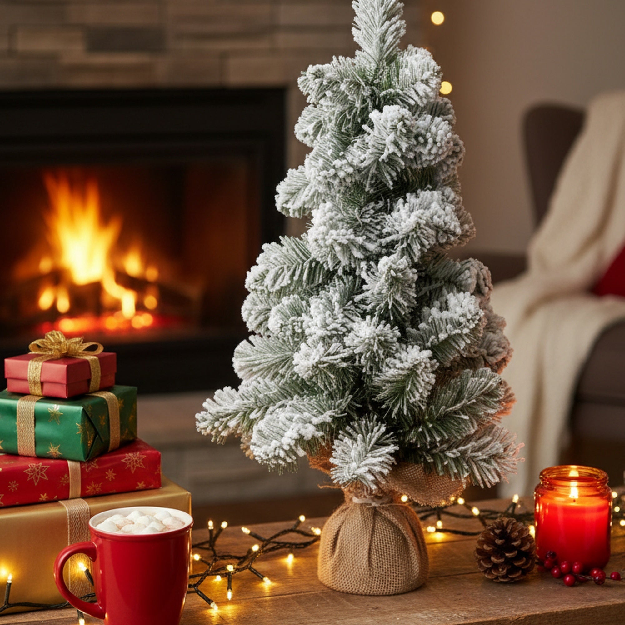2' Flocked Pine Christmas Tree 55 Tips with Jute Wrapped Base, Christmas, Holiday Decor