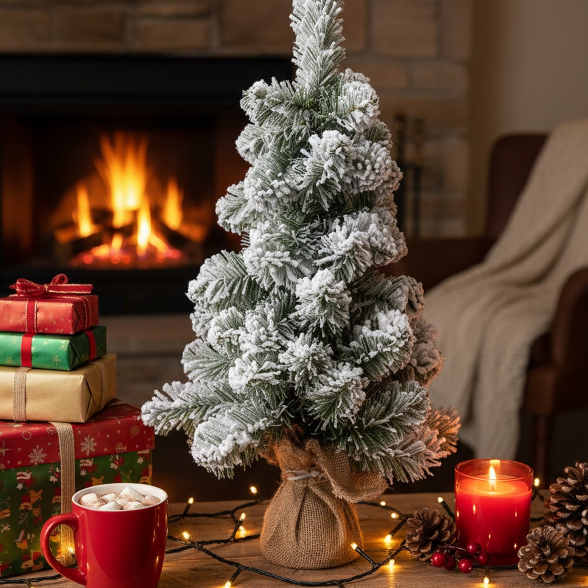 2' Flocked Pine Christmas Tree 55 Tips with Jute Wrapped Base, Christmas, Holiday Decor